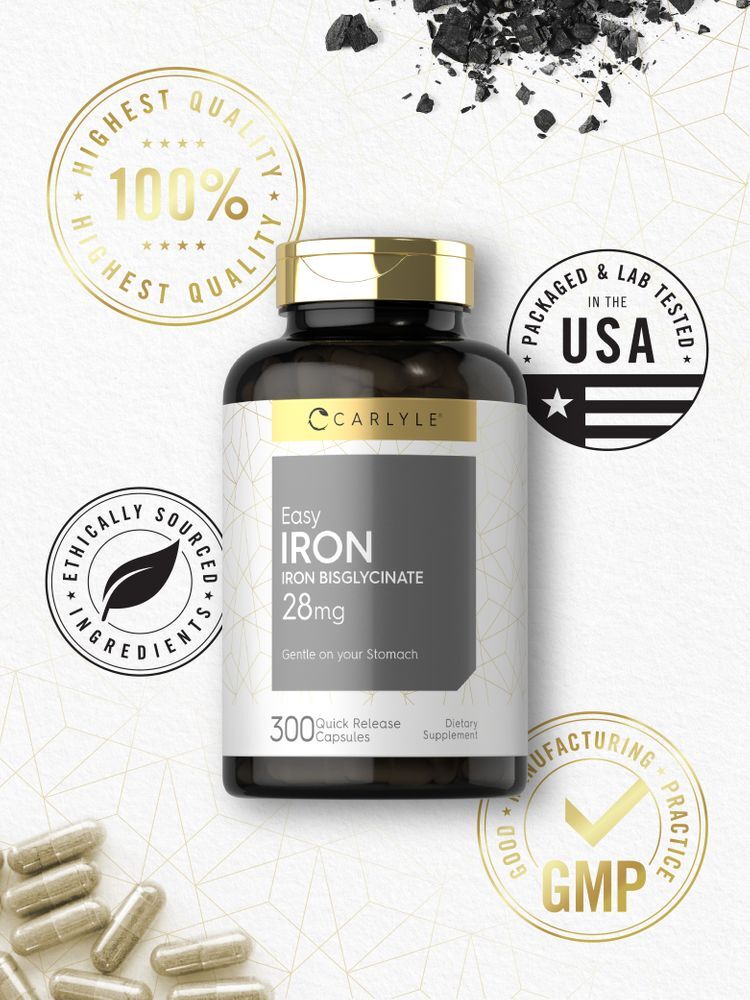 Easy Iron | 28 mg | 300 Capsules | Non-GMO | Gentle On Your Stomach | by Carlyle