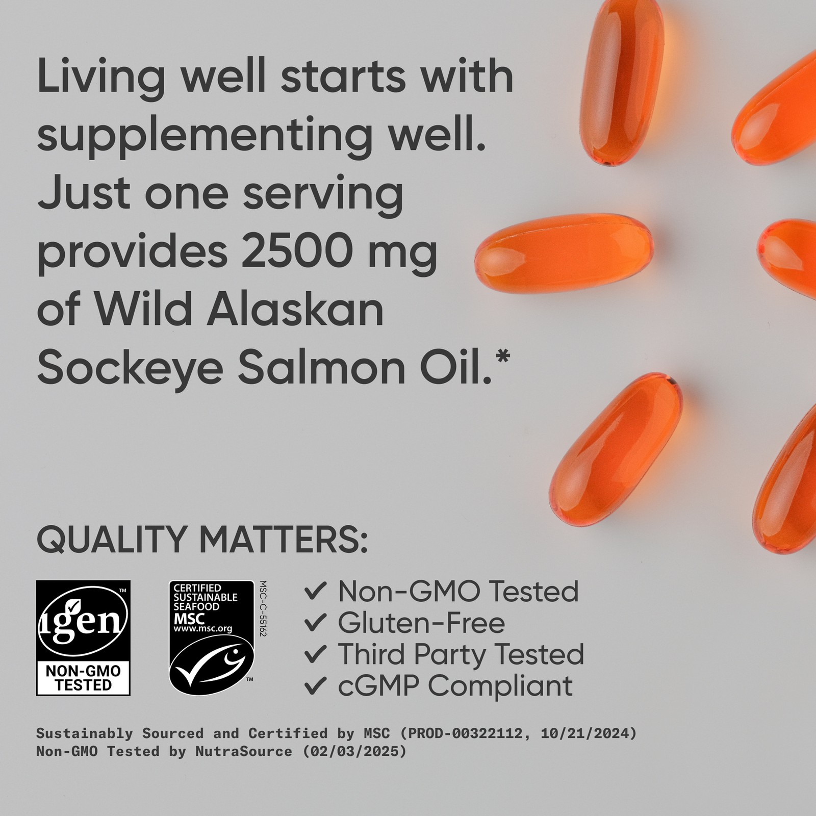 Salmon Oil Wild Alaskan Sockeye 1250mg w/EPA & DHA – MSC Certified 180 Softgels
