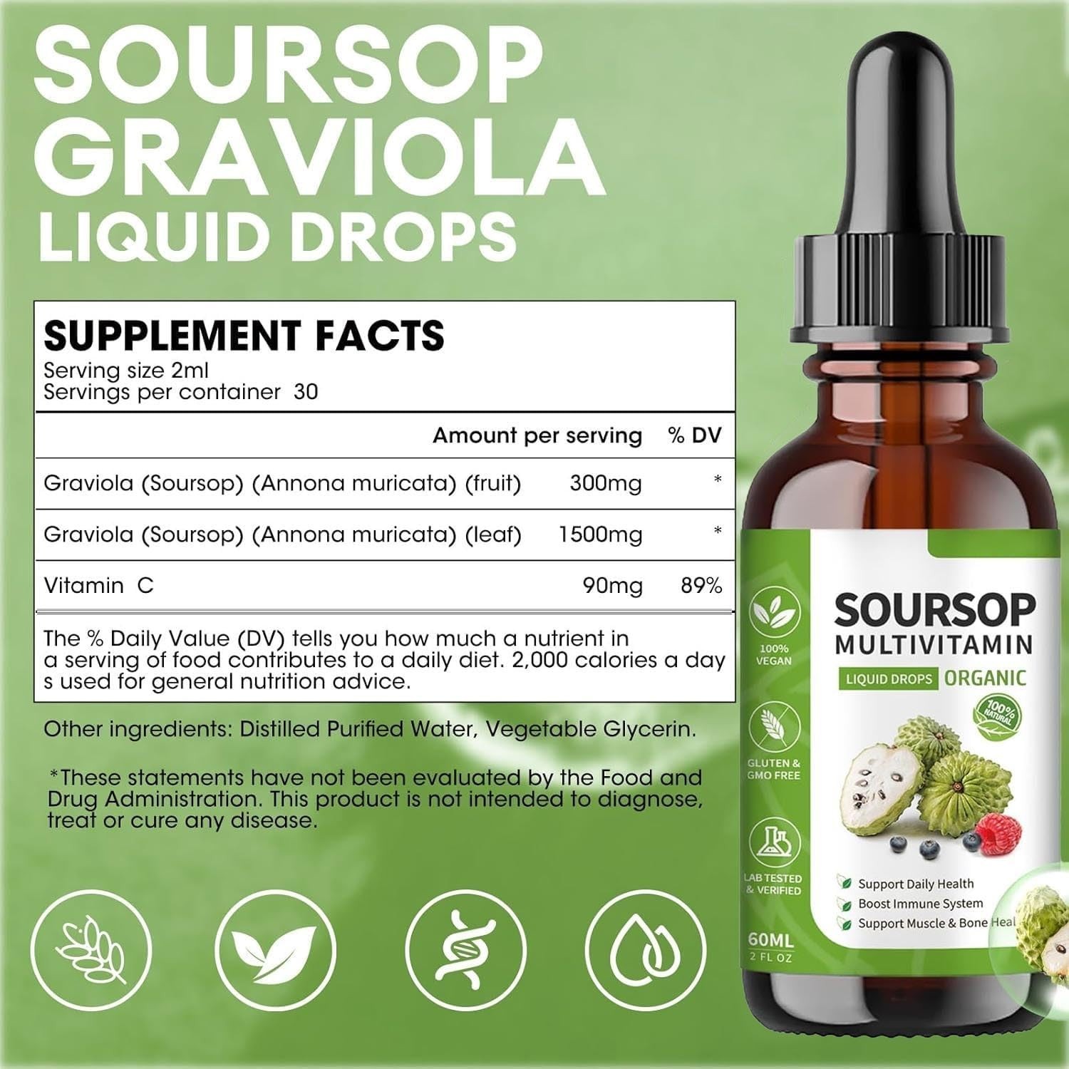 Soursop Multivitamin Liquid Drops, Bitters 2 Fl Oz (Pack of 1)