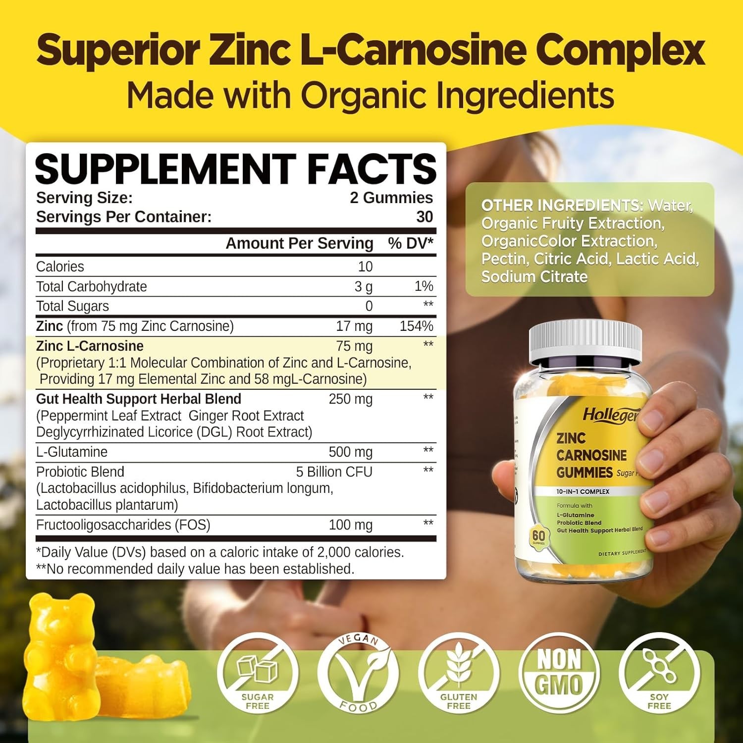 Zinc Carnosine Supplement 75mg with 500mg L-Glutamine & 5B CFU Probiotics – Gut