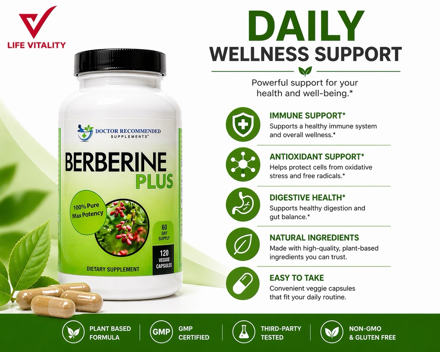 Berberine Plus 1200mg Per Serving -120 Veggie Capsules Royal Jelly Supports