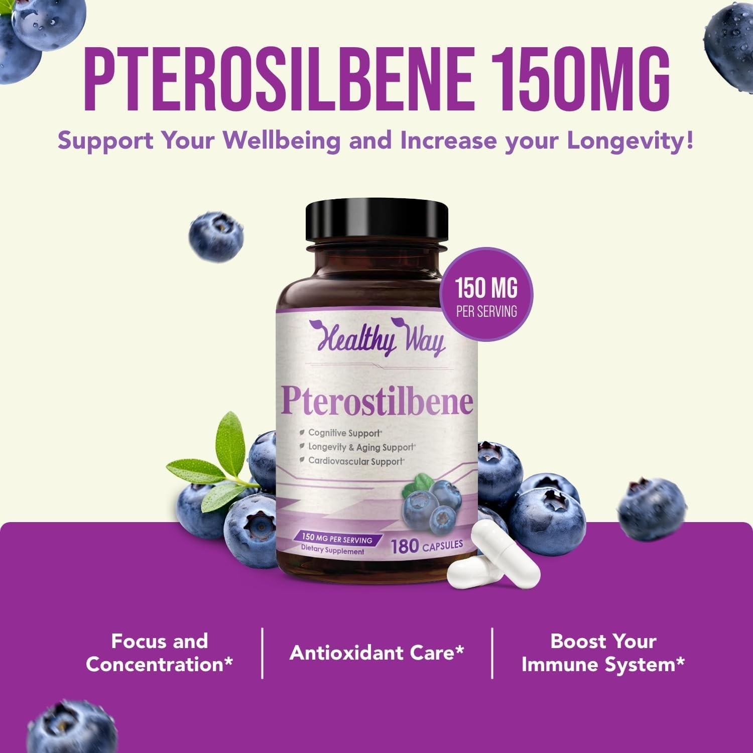 Pterostilbene 150mg Antioxidant for Heart, Brain, Skin & Immune – 180 Capsules