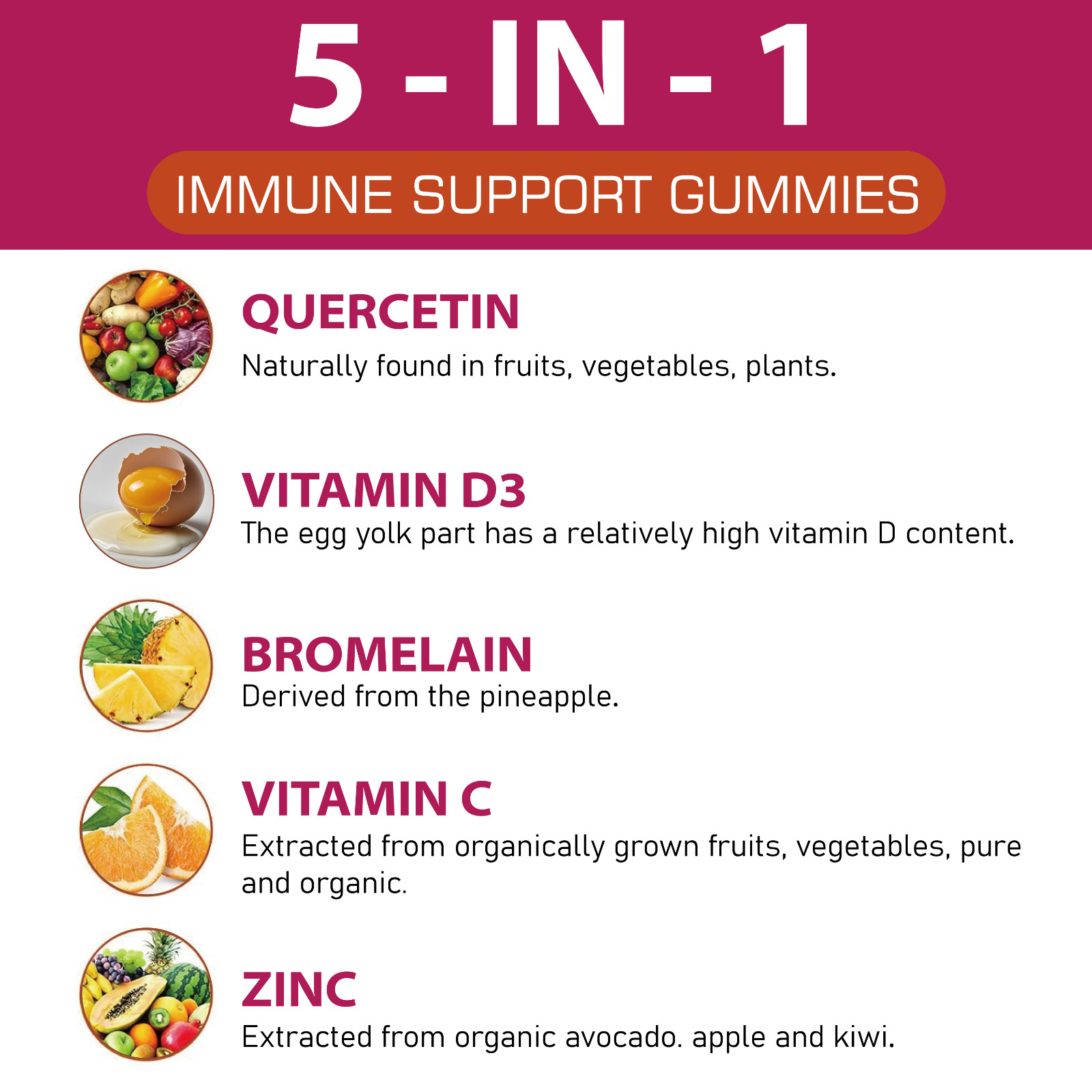 Quercetin Gummies 500mg with Bromelain Vitamin C D3 Zinc & Elderberry 02/07/2027