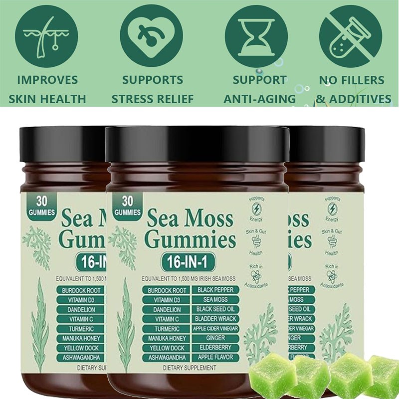 Improved 16 in 1 Organic Sea Moss Gummy | Irishmoss Extract 6000Mg | Green Apple