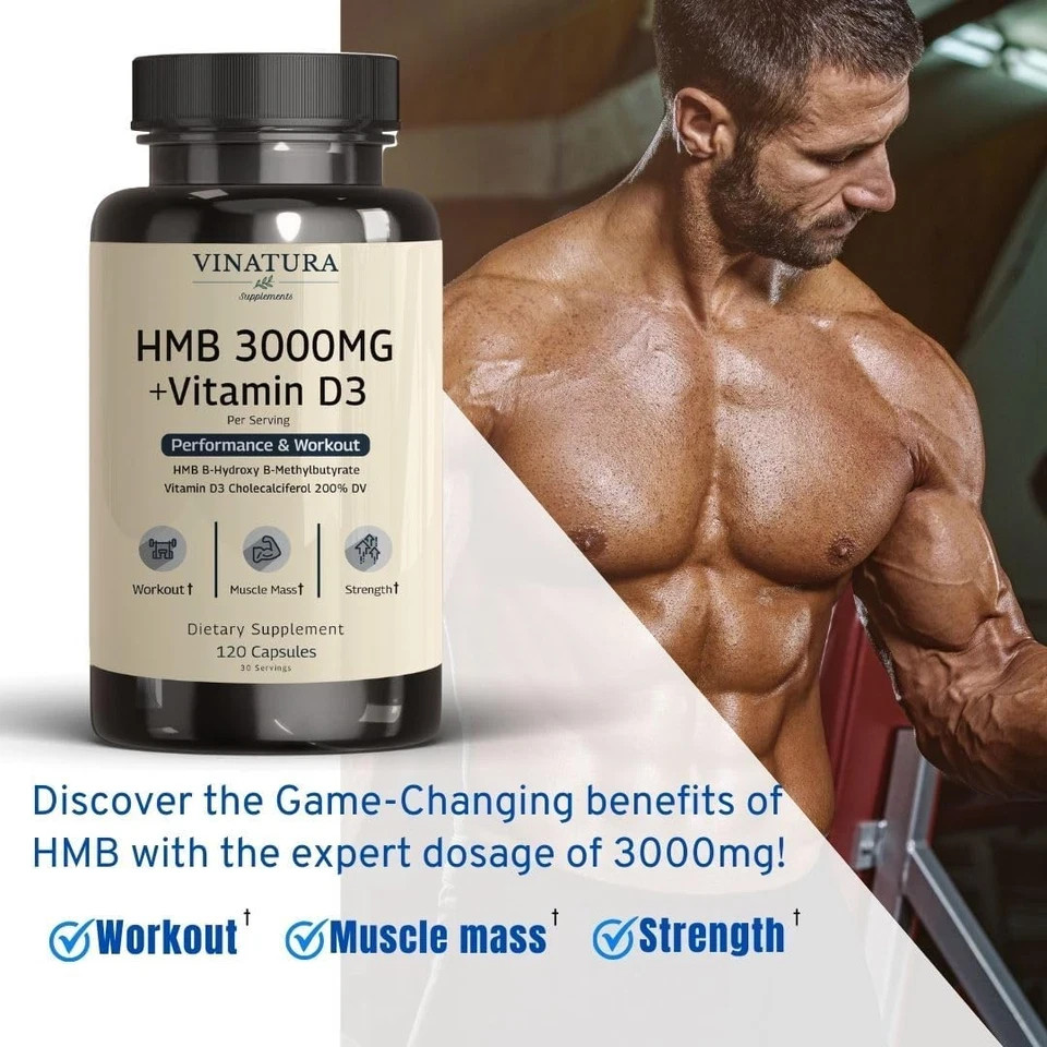 HMB 3000Mg and Vitamin D3 Supplement Capsules per Serving *USA Made & Tested* Pr