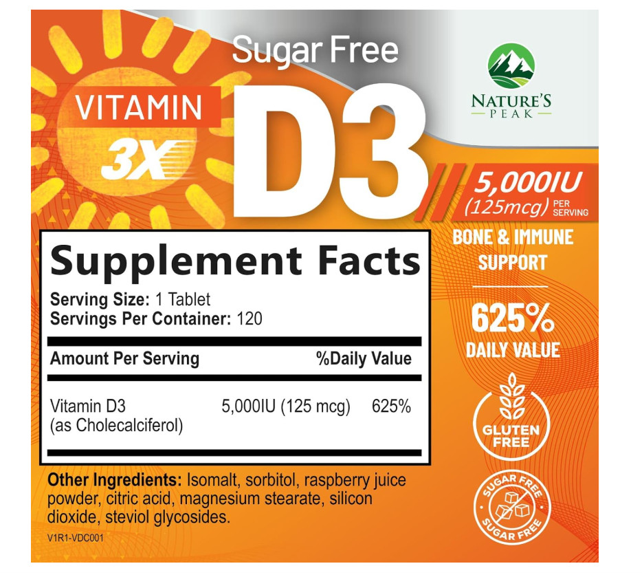Vitamin D3 5000 IU 125mcg Chewable Tablets Raspberry Immune Bone Health 120 Coun
