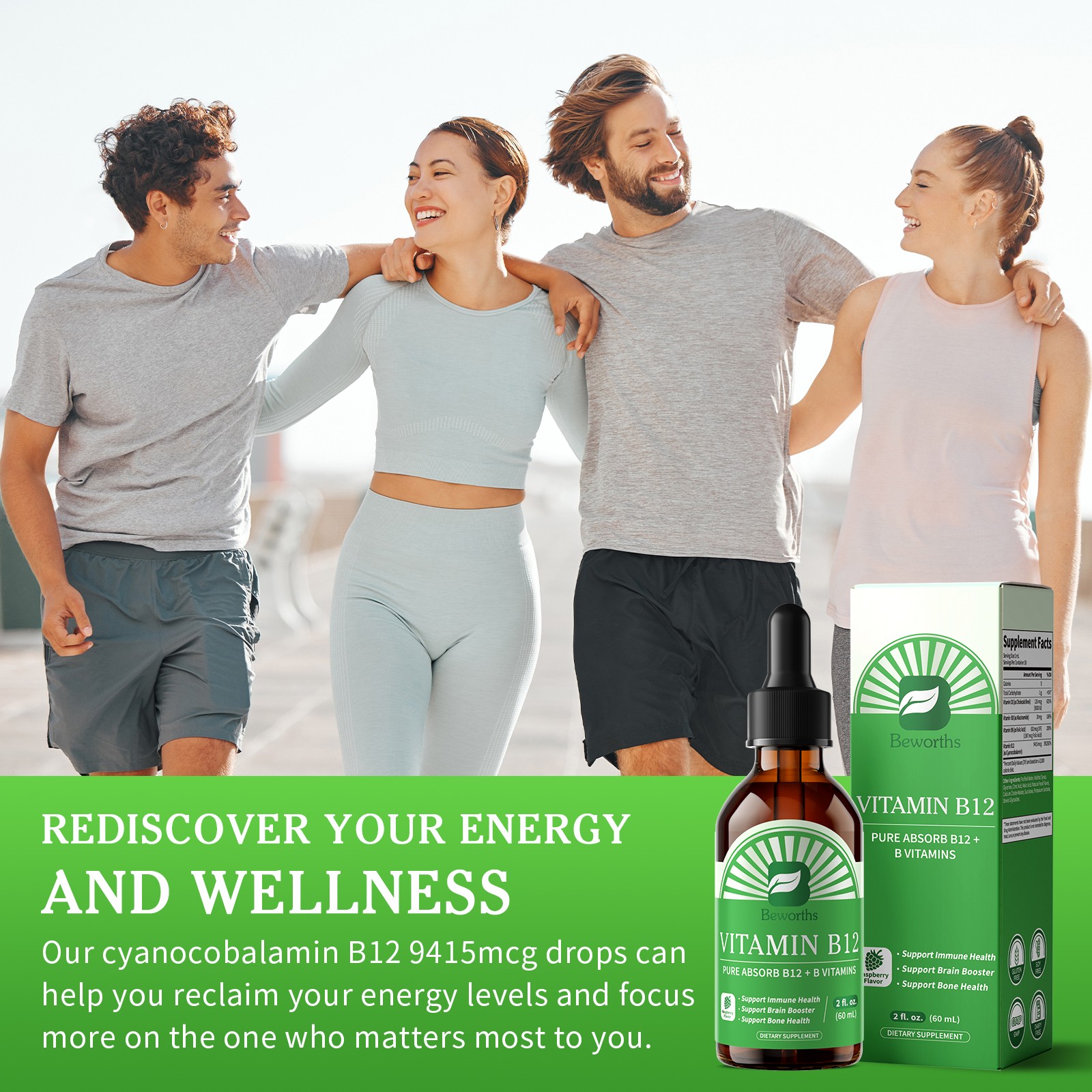 Vitamin B12, 10000 mcg, 3-in-1 Organic Liquid Vitamin B12, 60-Day Supply (60ml)