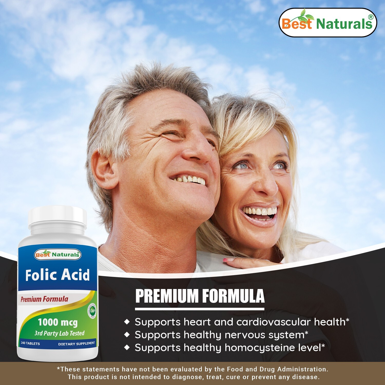 Best Naturals Folic Acid 1000 mcg (Vitamin B9), 240 Tablets