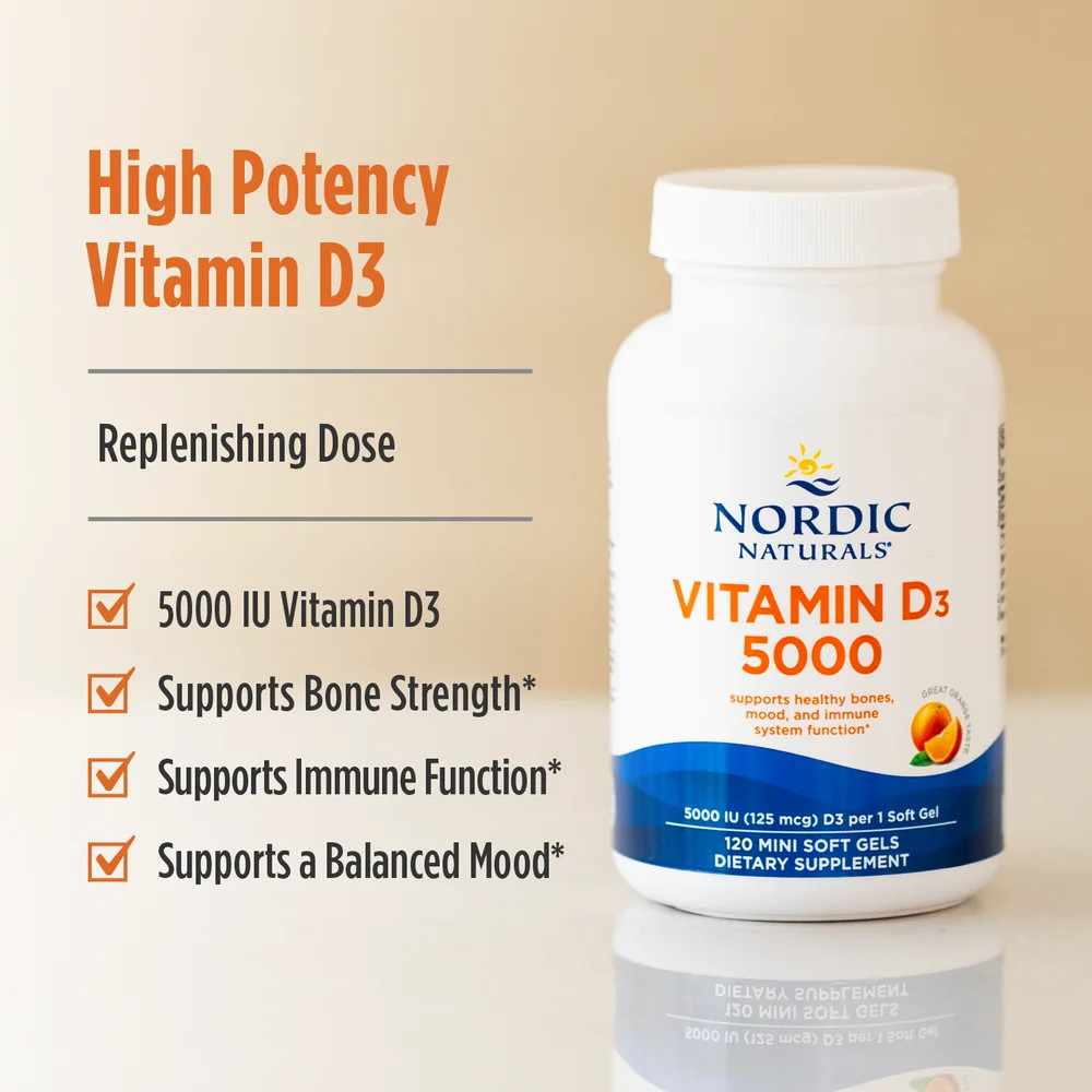 Nordic Naturals Vitamin D3 5000 – Potent Vitamin D3, Bone Health, Orange 120 Ct