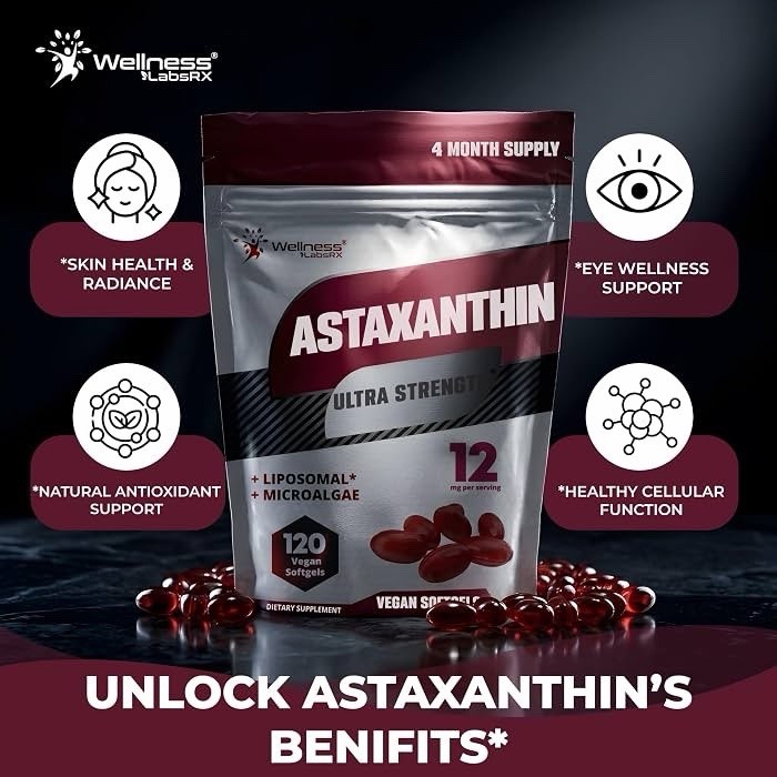 Liposomal Astaxanthin 12mg – 120 Vegan Softgels, 4 Month Supply, Natural Astaxan