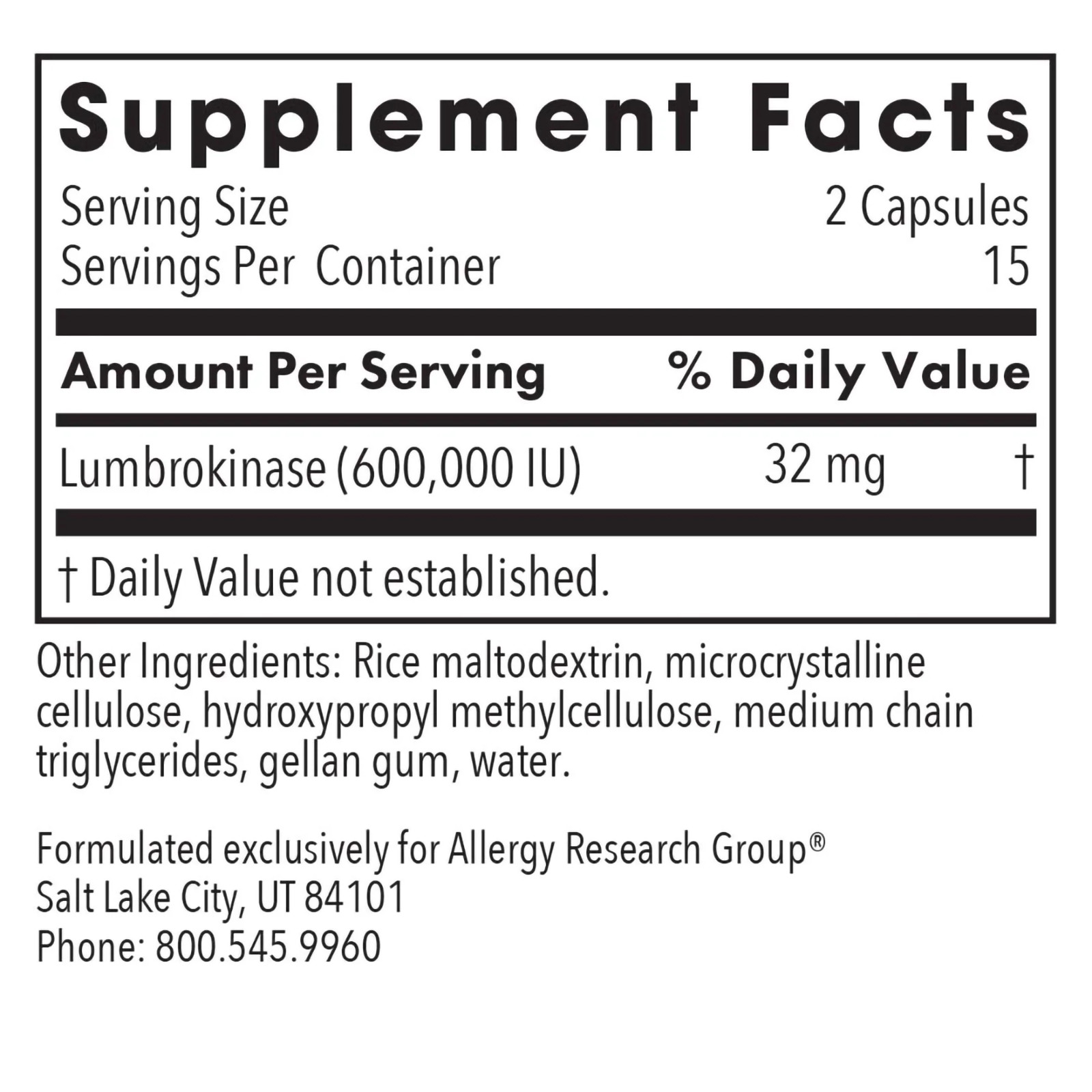 Allergy Research Group LUMBROKINASE 60 cap Exp. 07/2028 Free Shipping