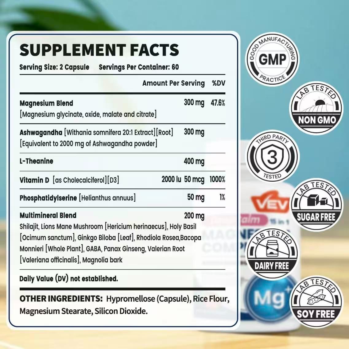 1-3 Pack VEV DeepCalm 15 in 1 Magnesium Glycinate & Citrate Complex 120 Capsules