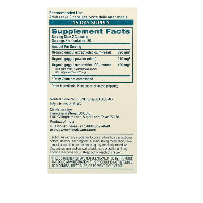Himalaya Guggul 60 vegetarian capsules Helps Maintain Healthy Cholesterol Levels