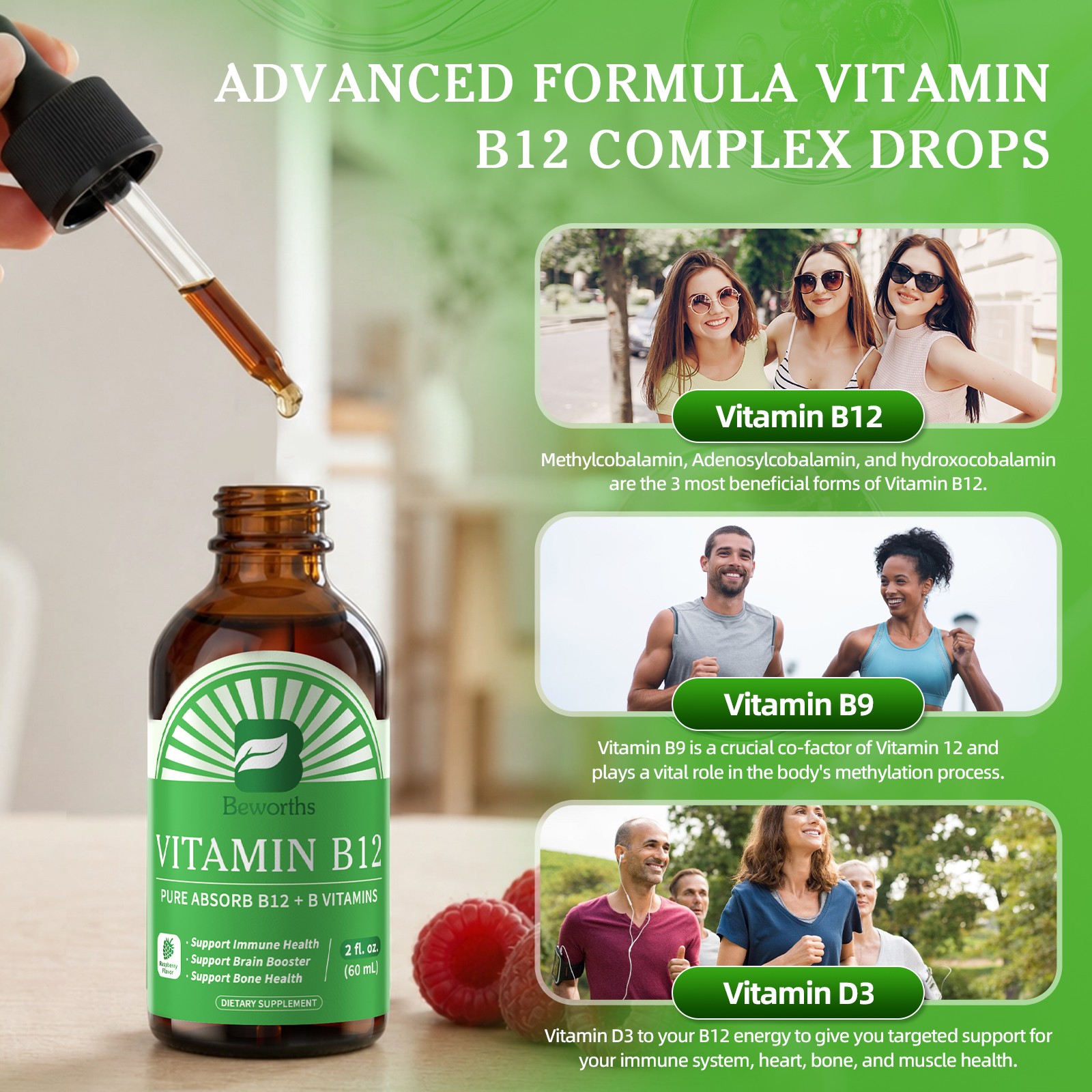 Vitamin B12, 10000 mcg, 3-in-1 Organic Liquid Vitamin B12, 60-Day Supply (60ml)