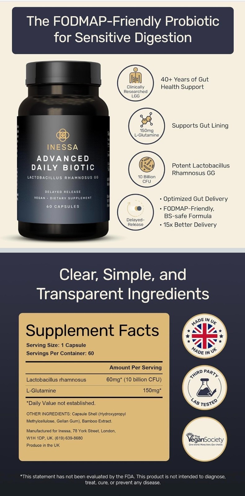Inessa Daily Biotic Probiotics -Lactobacillus Rhamnosus GG, 60 Capsules Exp 3/28