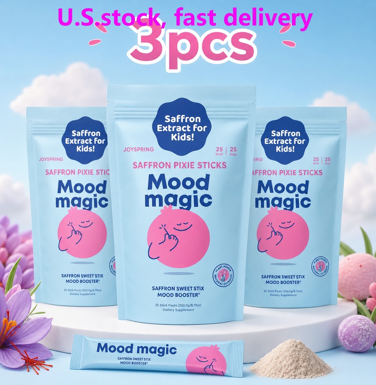 3 Pack Joyspring Mood Magic Kids Saffron Extract Powder Sticks Mood & Emotional