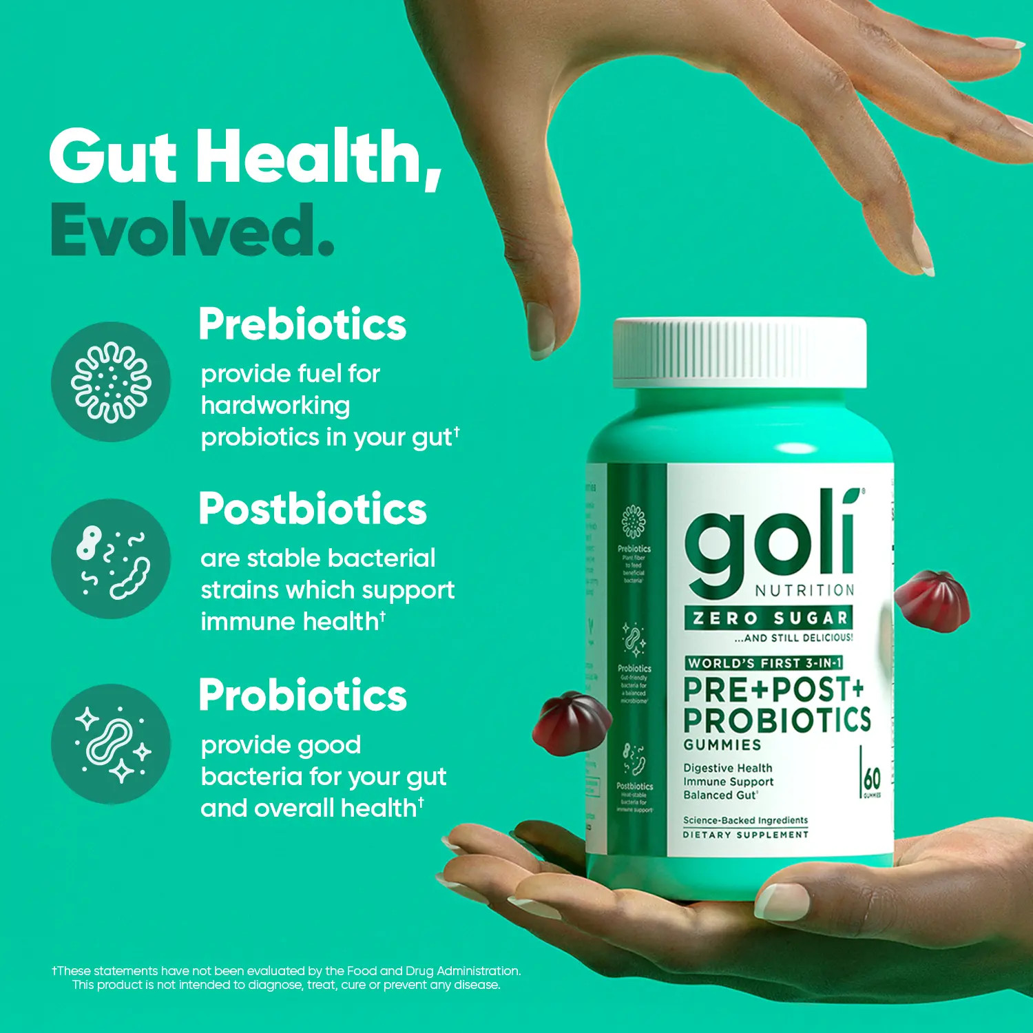 3 Bottles Sugar-Free Vegan Pre Pro Postbiotic Gummies Gluten Free 60 Count