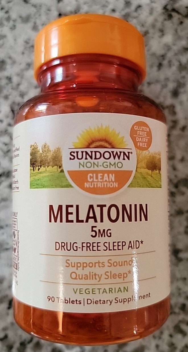1 Sundown Natural Melatonin 5 mg, Drug-Free Sleep Aid, 90 Coated Tablet Exp 7/27