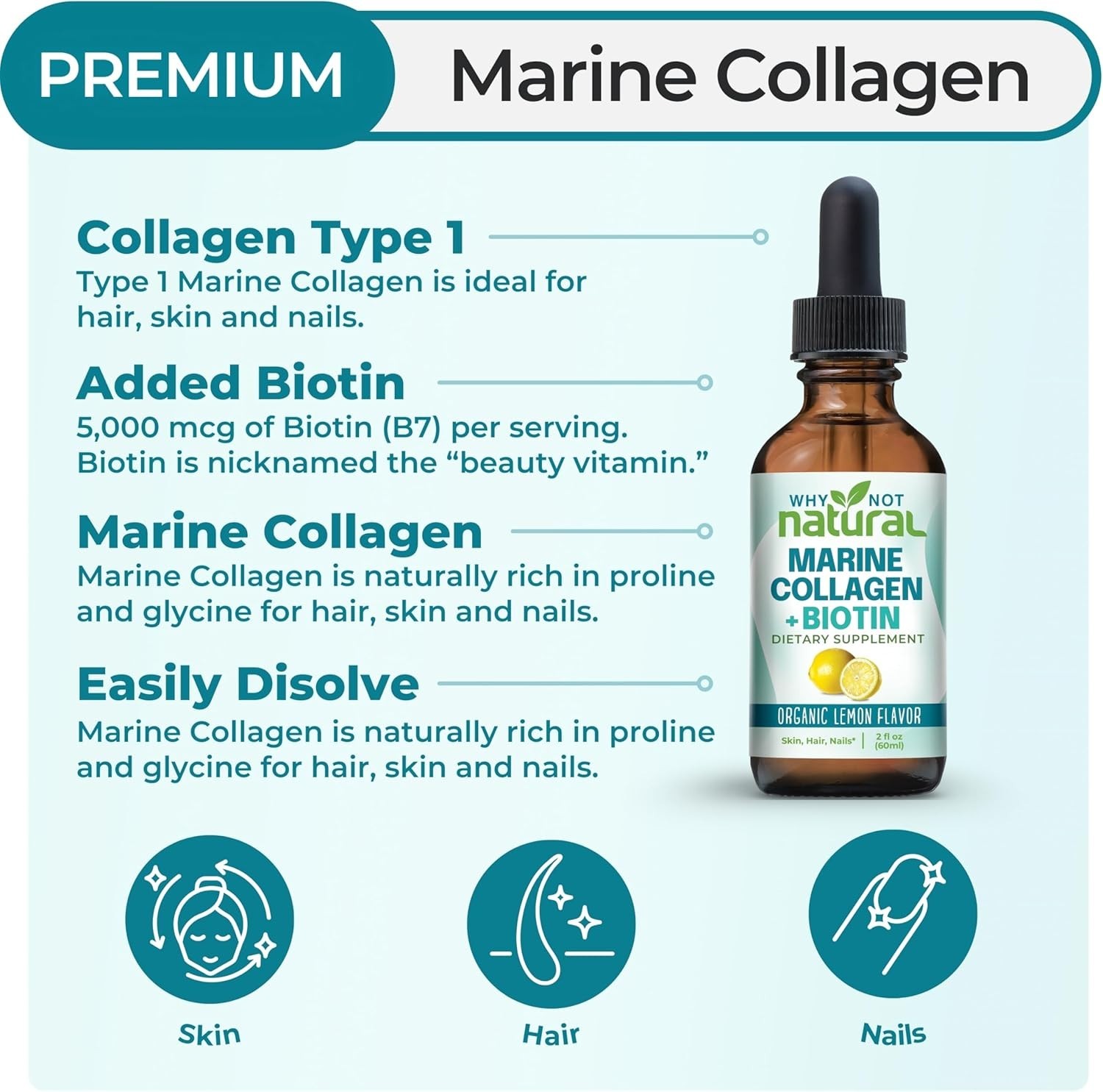 Why Not Natural Liquid Collagen Plus Biotin Drops for 2 Fl Oz (Pack of 1)