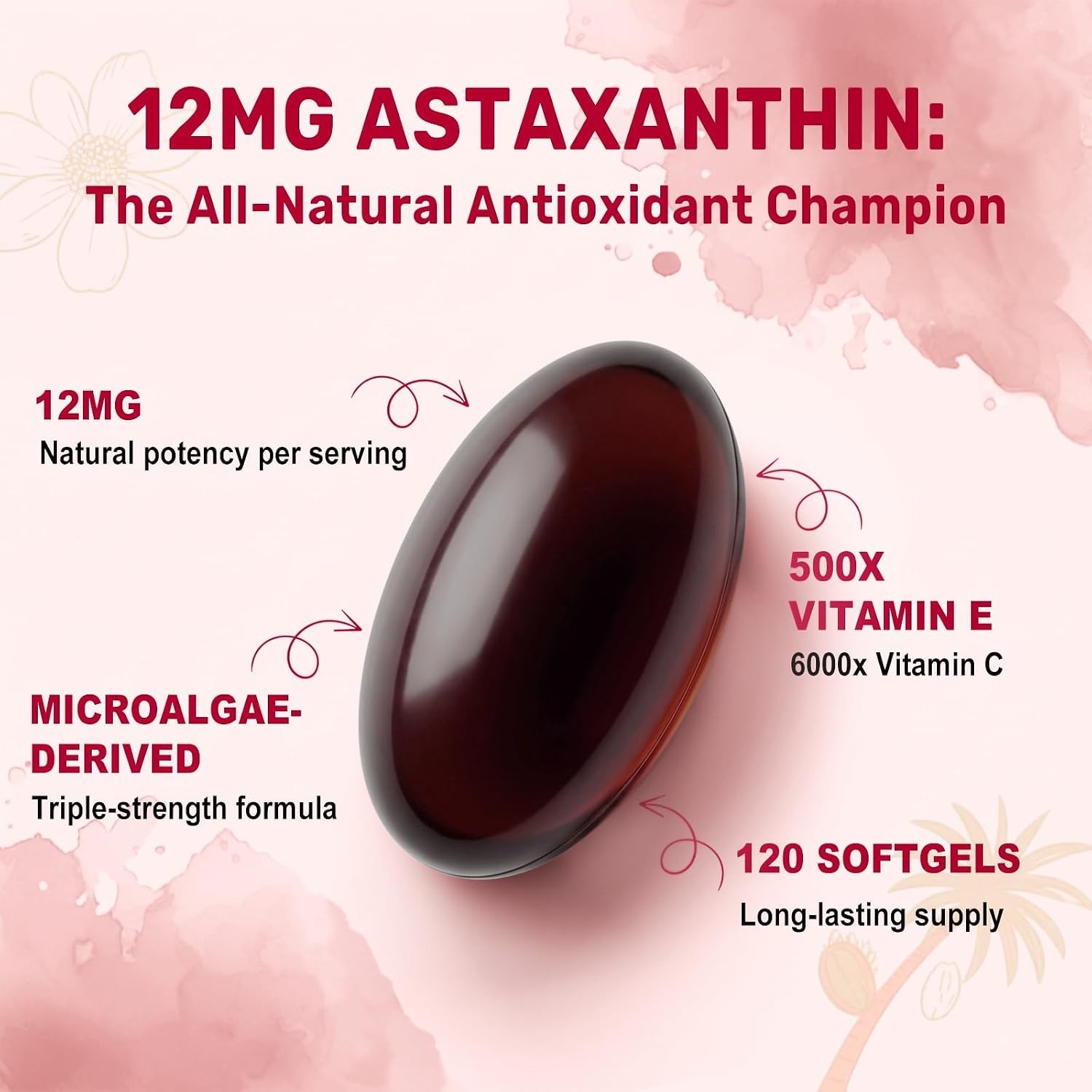 BEWORD Astaxanthin 12mg with MCT Oil ~ 60 Softgels ~ 2-Month Supply