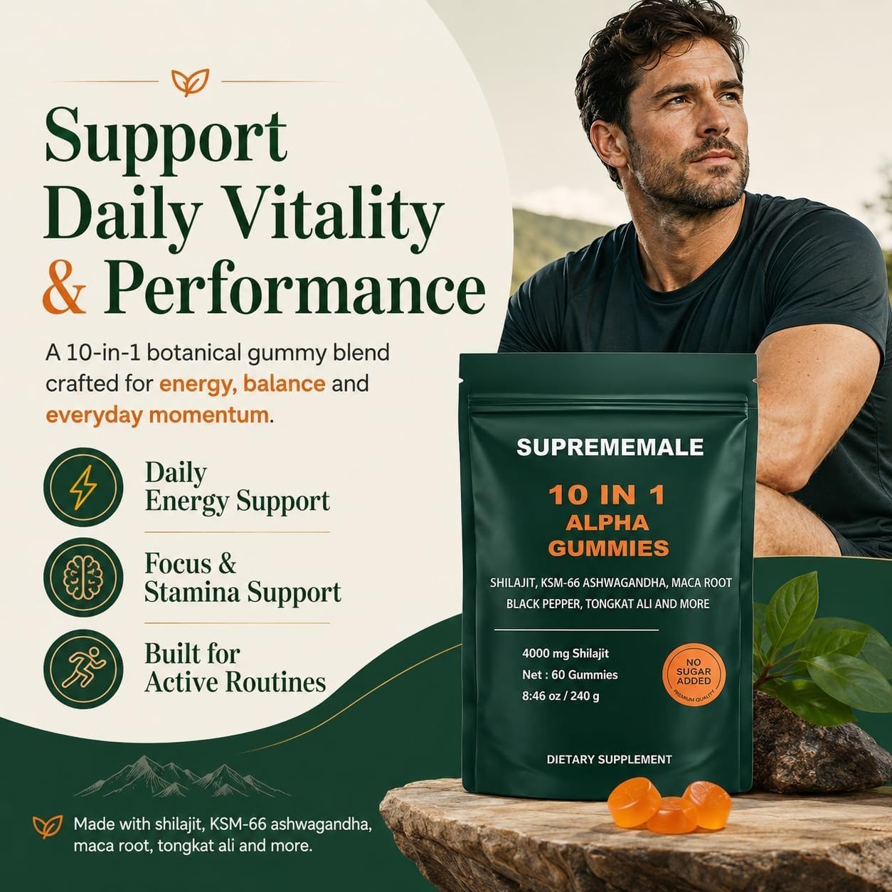 SupremeMale 10 in 1 Alpha Gummies – 4000 mg Herbal Performance Blend with Ashwag