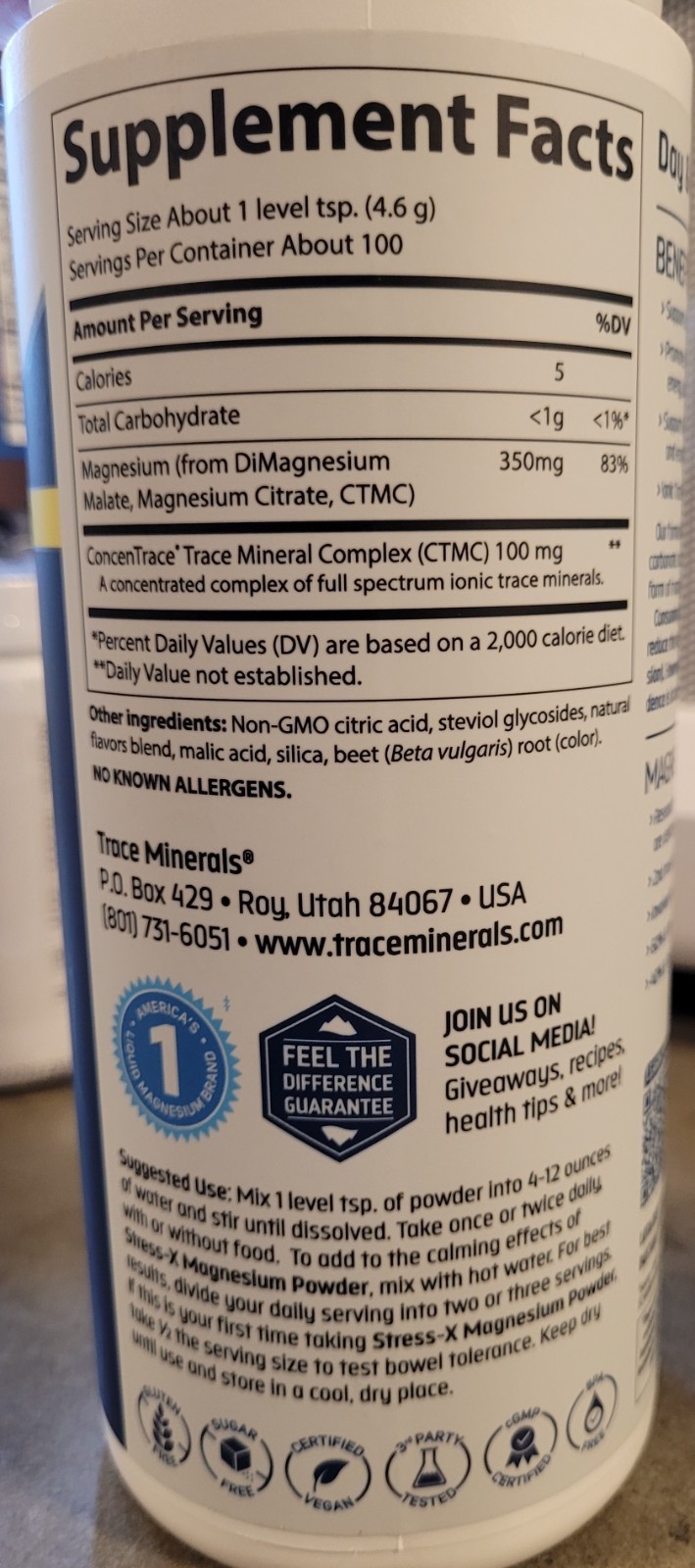 Trace Minerals Magnesium Powder 350 mg Raspberry Lemon BB 10/2025