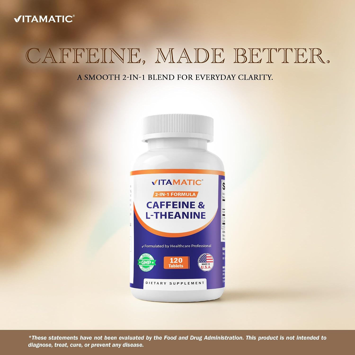 Vitamatic L-Theanine 200 mg with Caffeine 100 mg, 120 Tablets | Promote Calm Foc