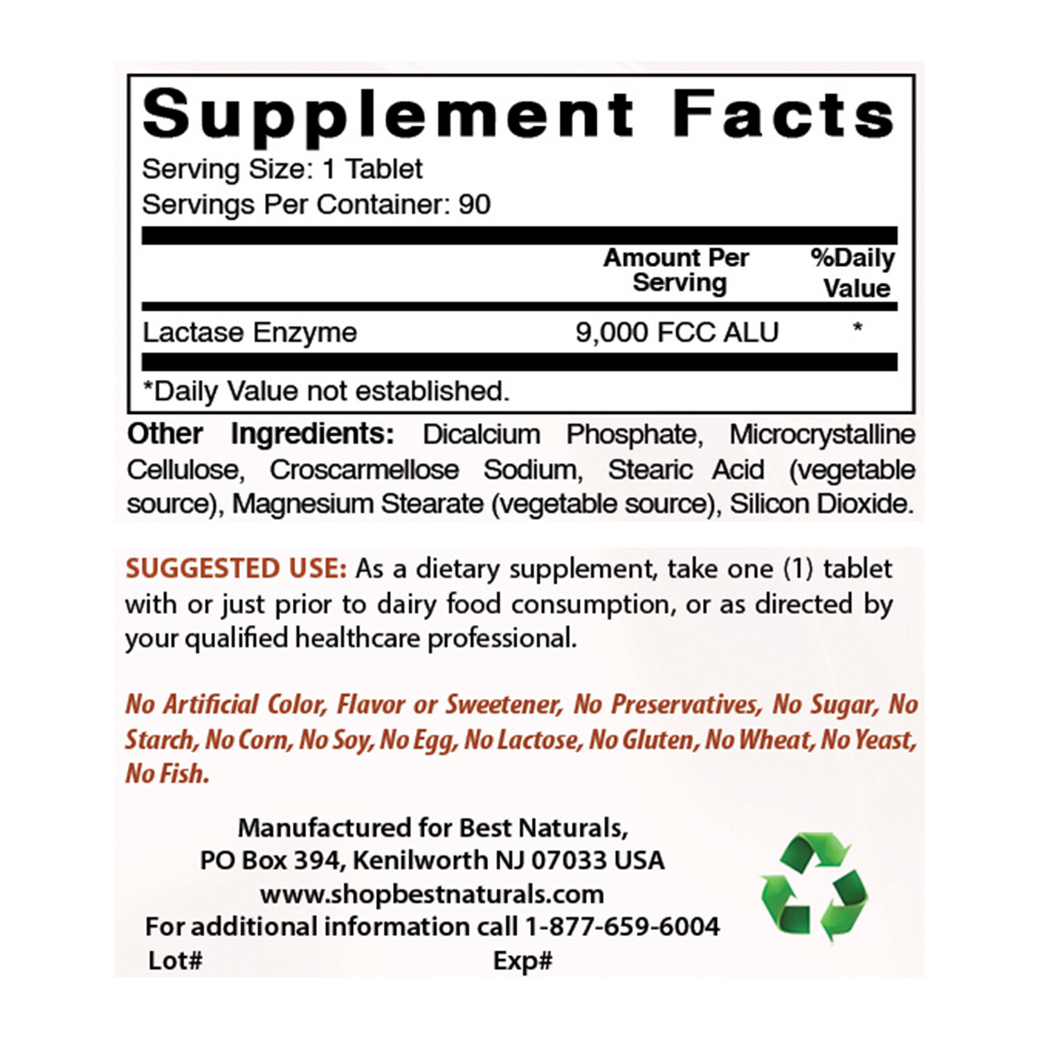 Best Naturals Lactase Enzyme 9000 FCC 90 Tablets