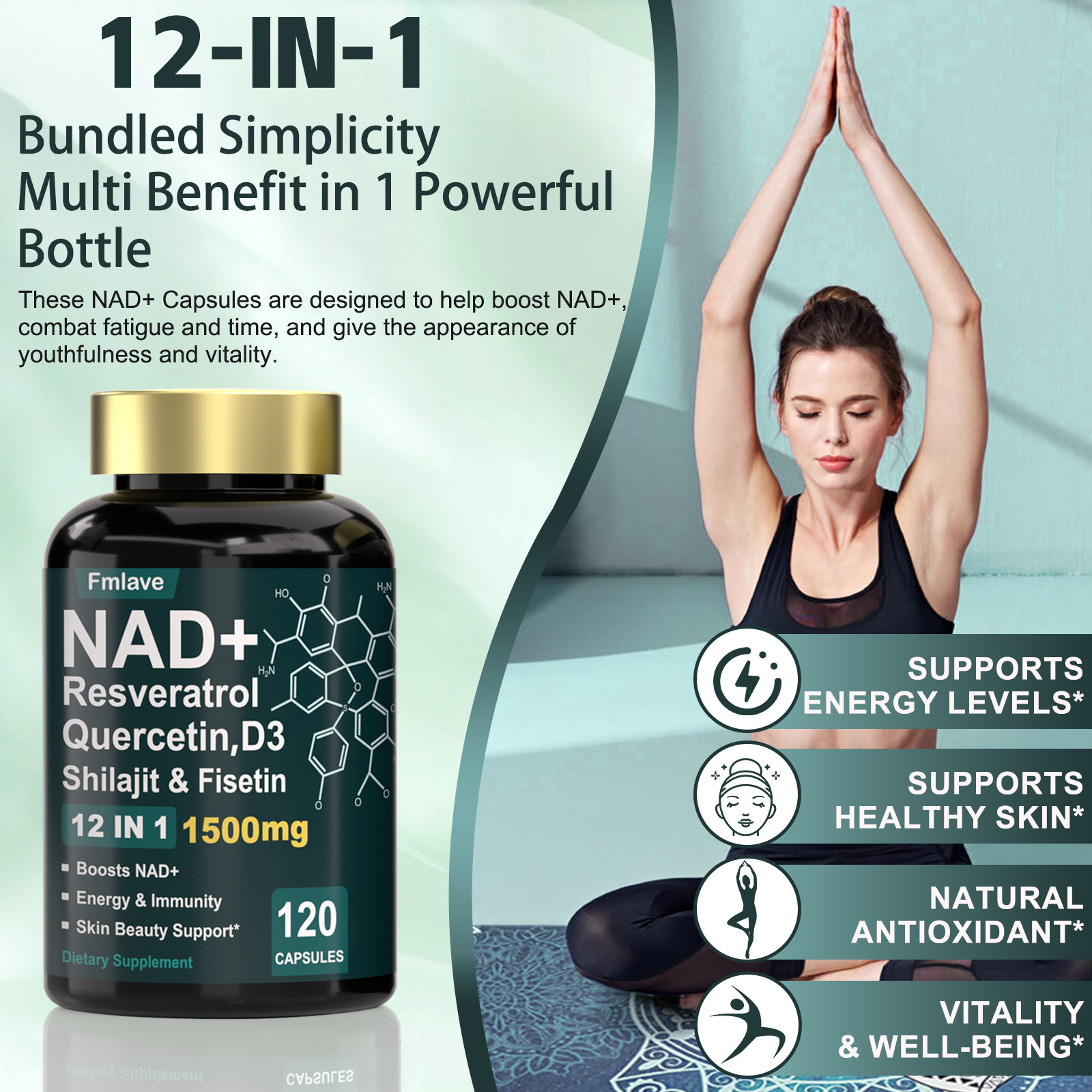 NAD+ Supplement 1500mg with Resveratrol | Cellular Health & Energy | 120 Caps US