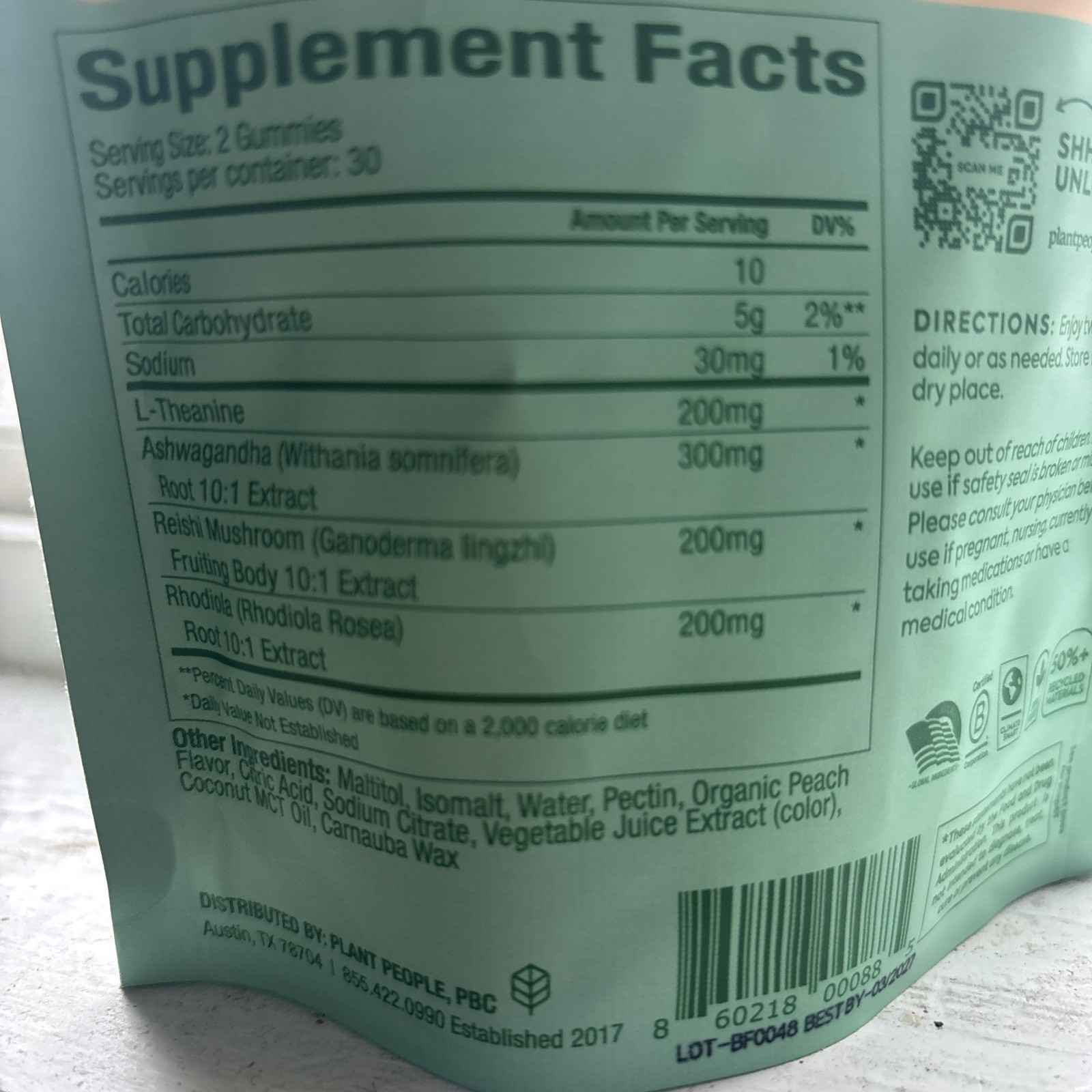 3/27 Plant People WonderCalm Mushroom Gummies Ashwagandha Peach Flavor 60 Count