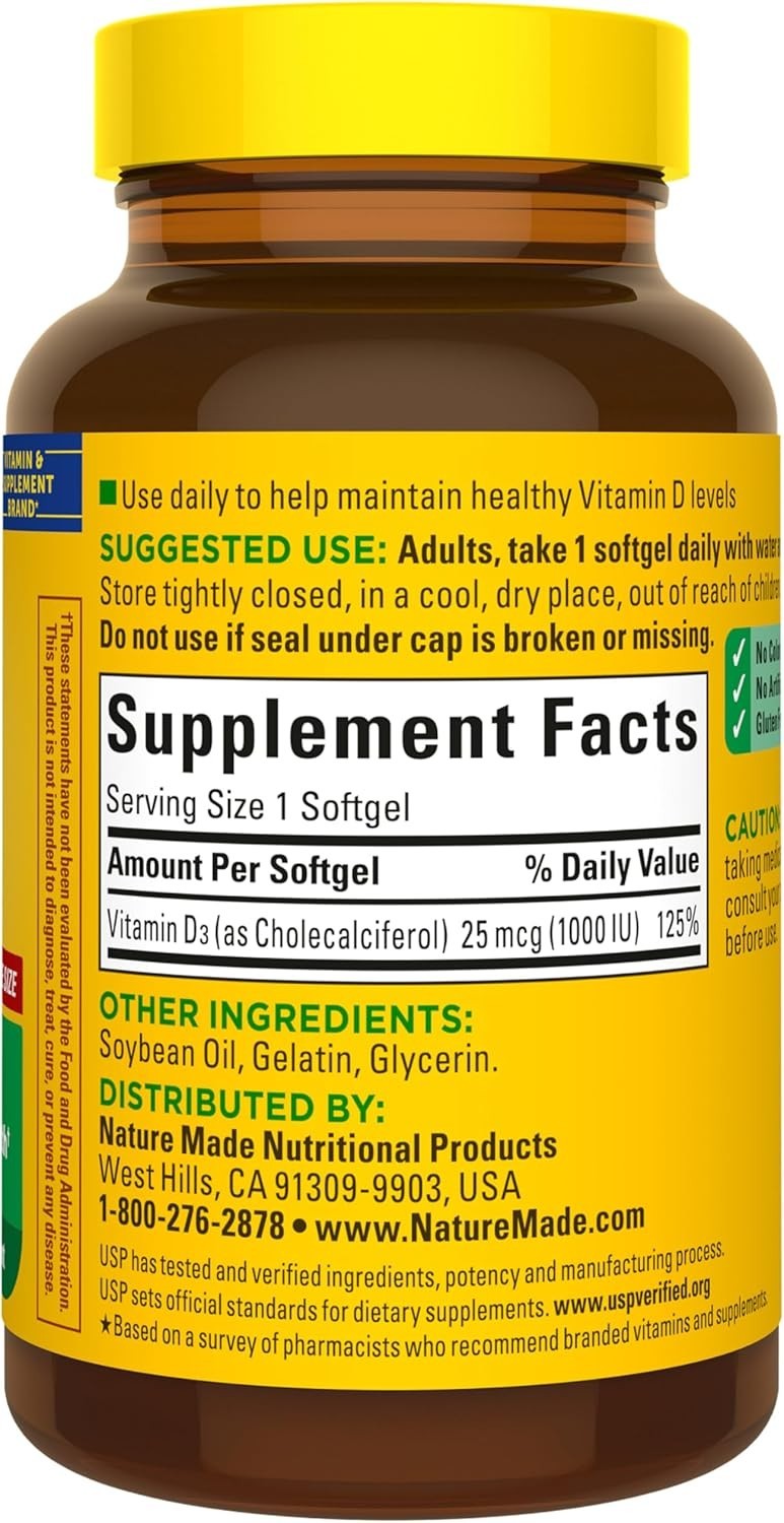 Nature Made Vitamin D3 1000 IU (25 Mcg), Vitamin D Supplement for Bone, Teeth, M
