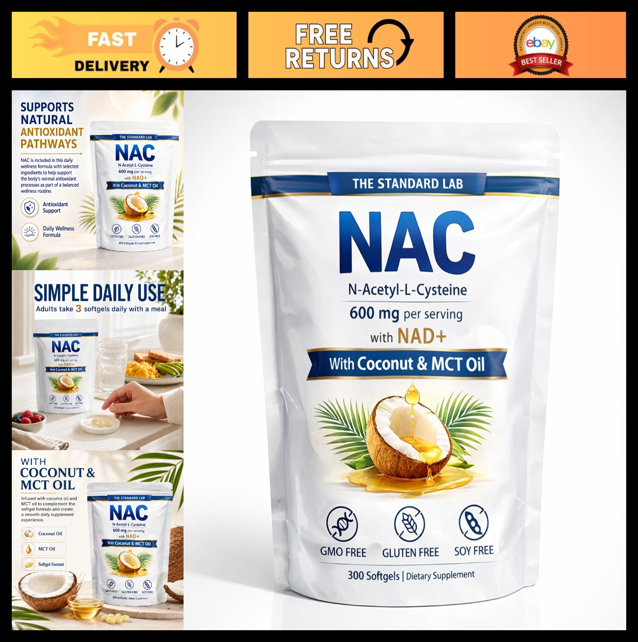 NAC 600mg with NAD+ Daily Complex, 300 Softgels – GMO Free, Gluten Free, Soy Fre