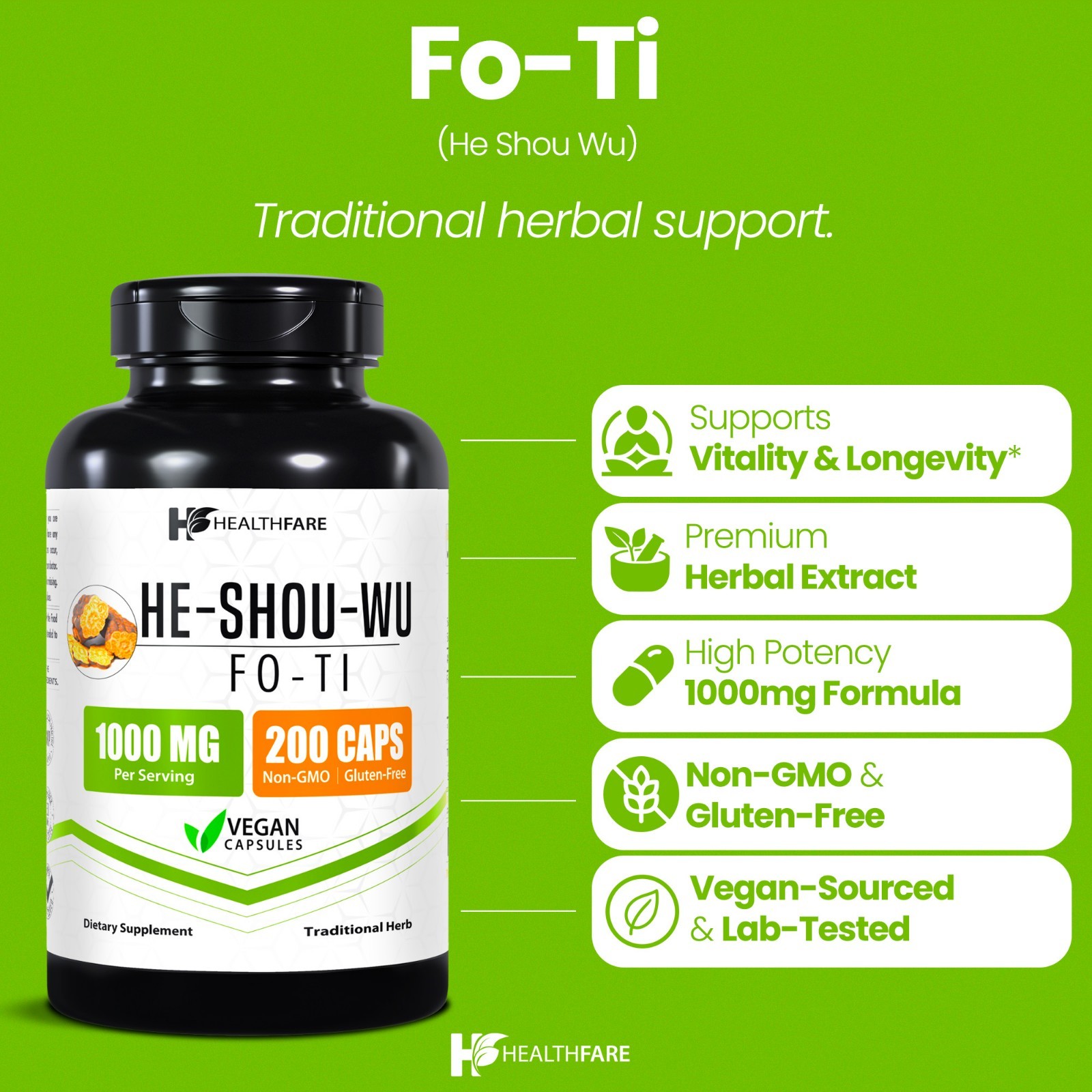 HealthFare Fo-Ti He Shou Wu 1000mg | 200 Count | Fo-Ti Herbal Supplement