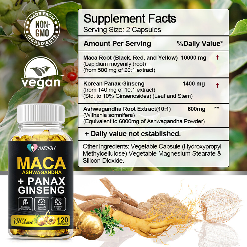 Maca Root + Ashwagandha + Korean Ginseng 12000mg, Peruvian Maca Root 120 Capsule