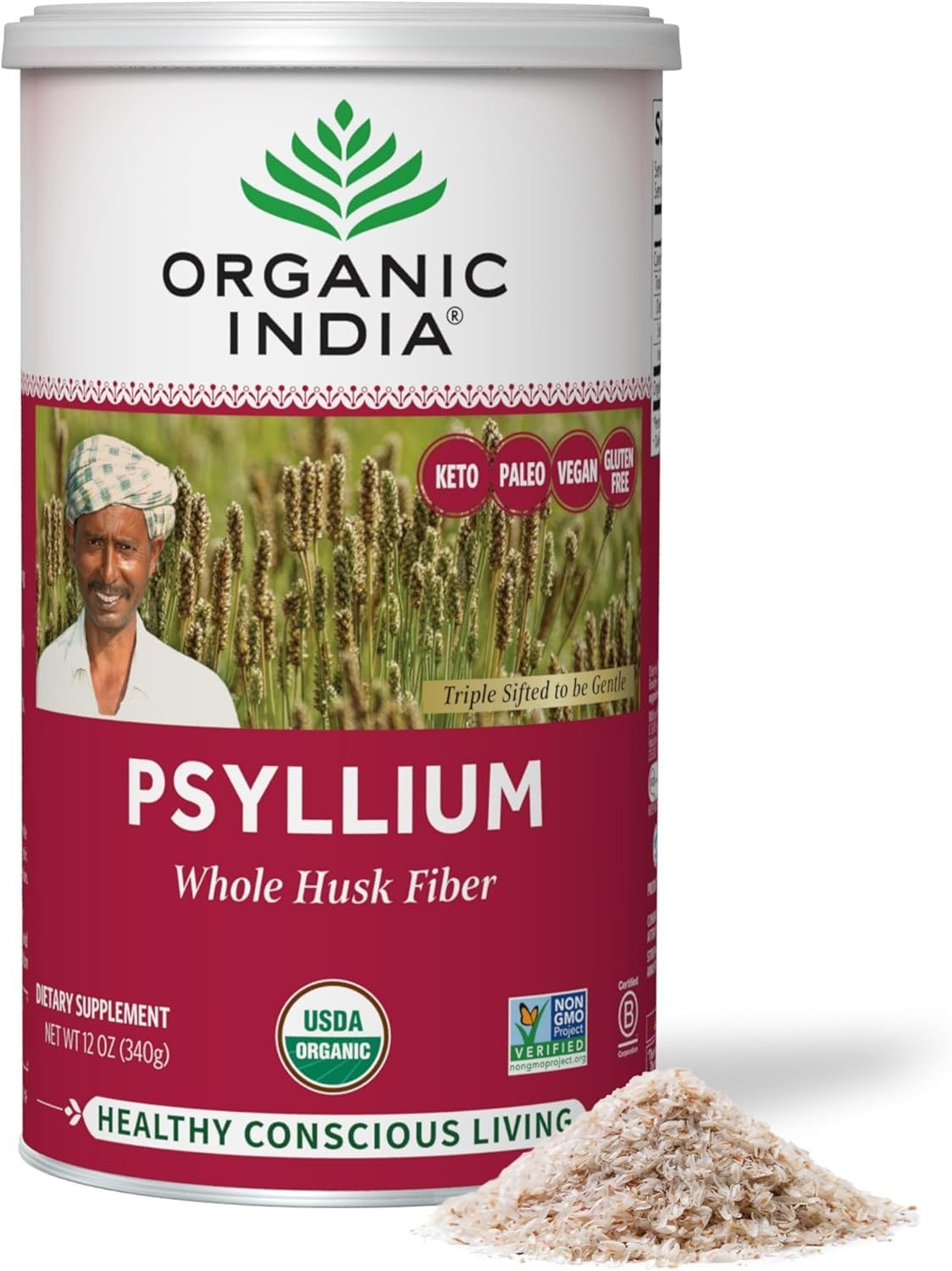 ORGANIC INDIA Whole Psyllium Husk Powder Organic Psyllium Husk Fiber Supplem…