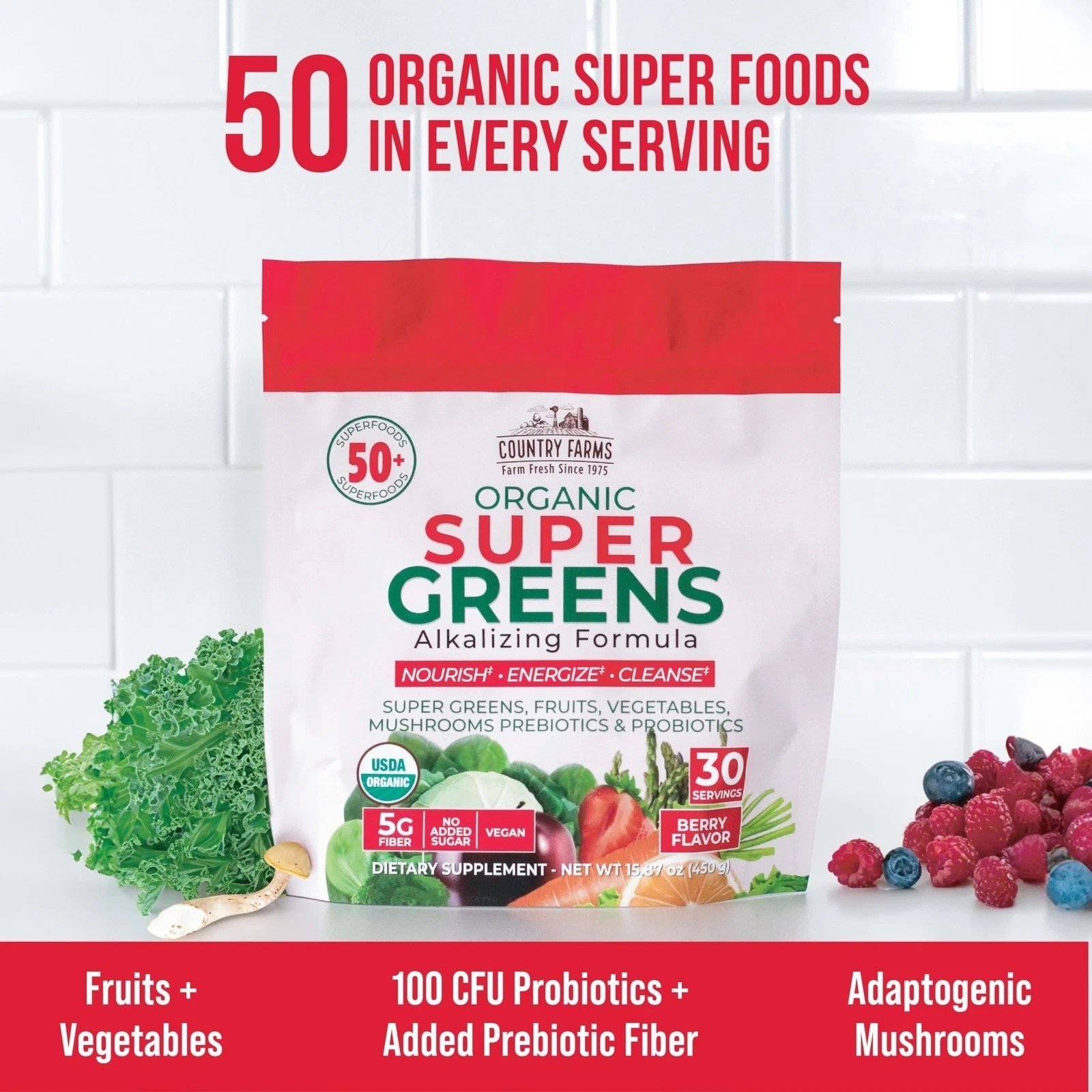 Country Farms Super Greens Berry Flavor, 50 Organic Super Foods, USDA Organic…