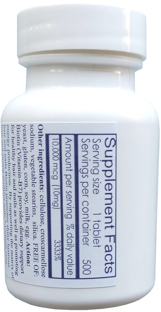 Biotin 10000 mcg, 500 tablet bottle, or 1 (one) tablet sample pack, biotin 10mg