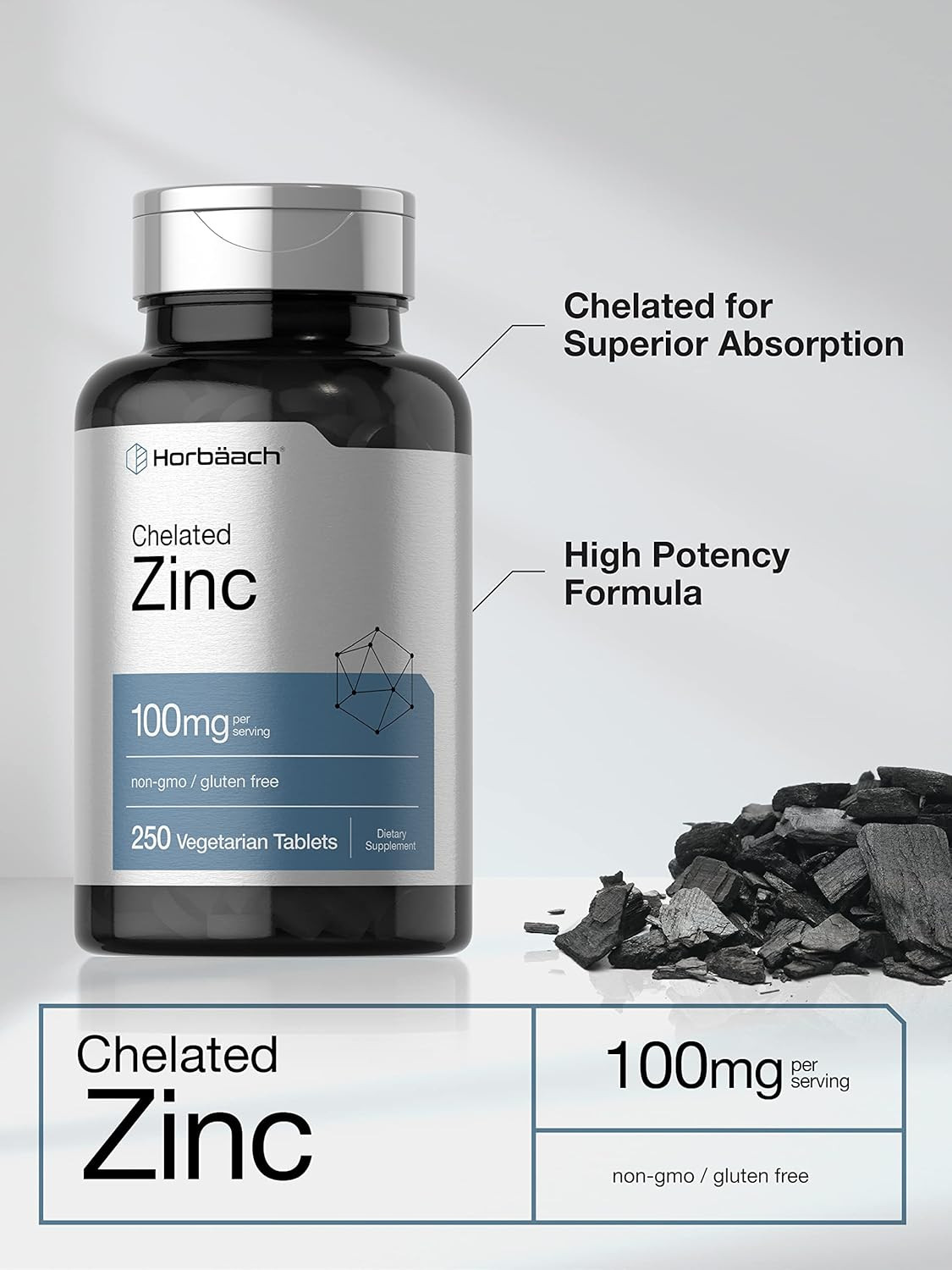 Chelated Zinc Supplement 100mg | 250 Tablets | High Potency | by Horbaach