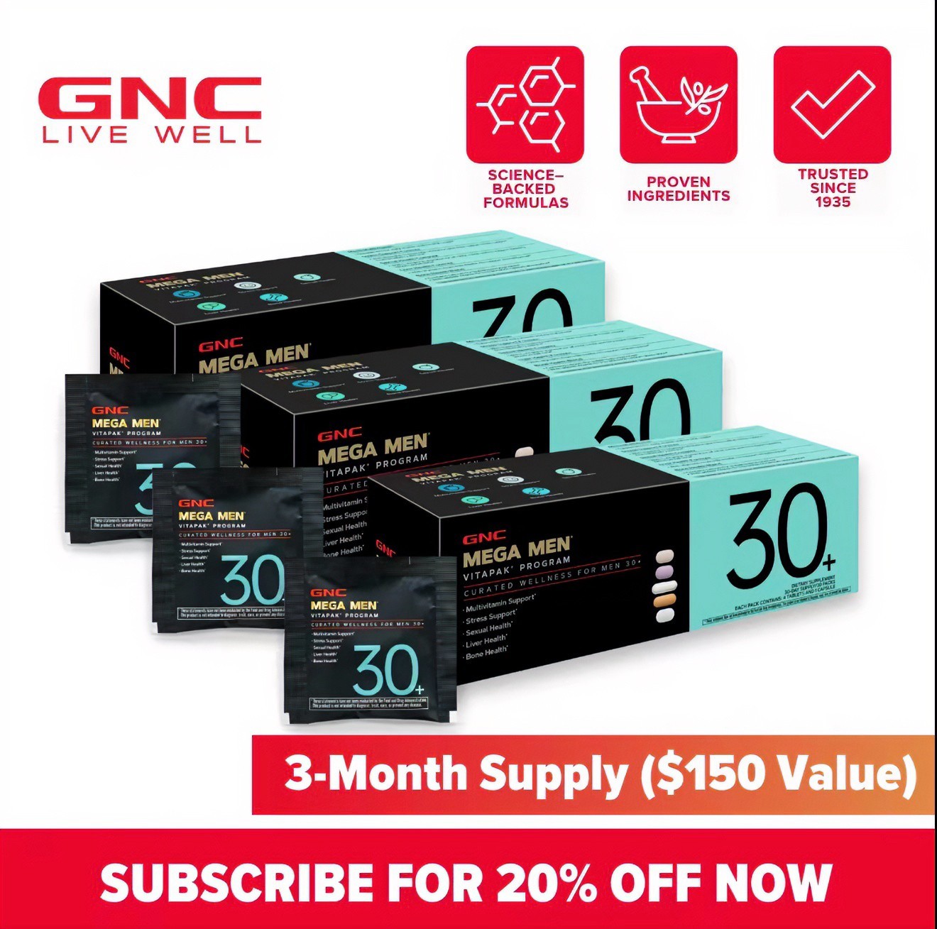 3 packs GNC Mega Men 30+ Vitapak Program Daily Nutrition Pack Sexual & Liver