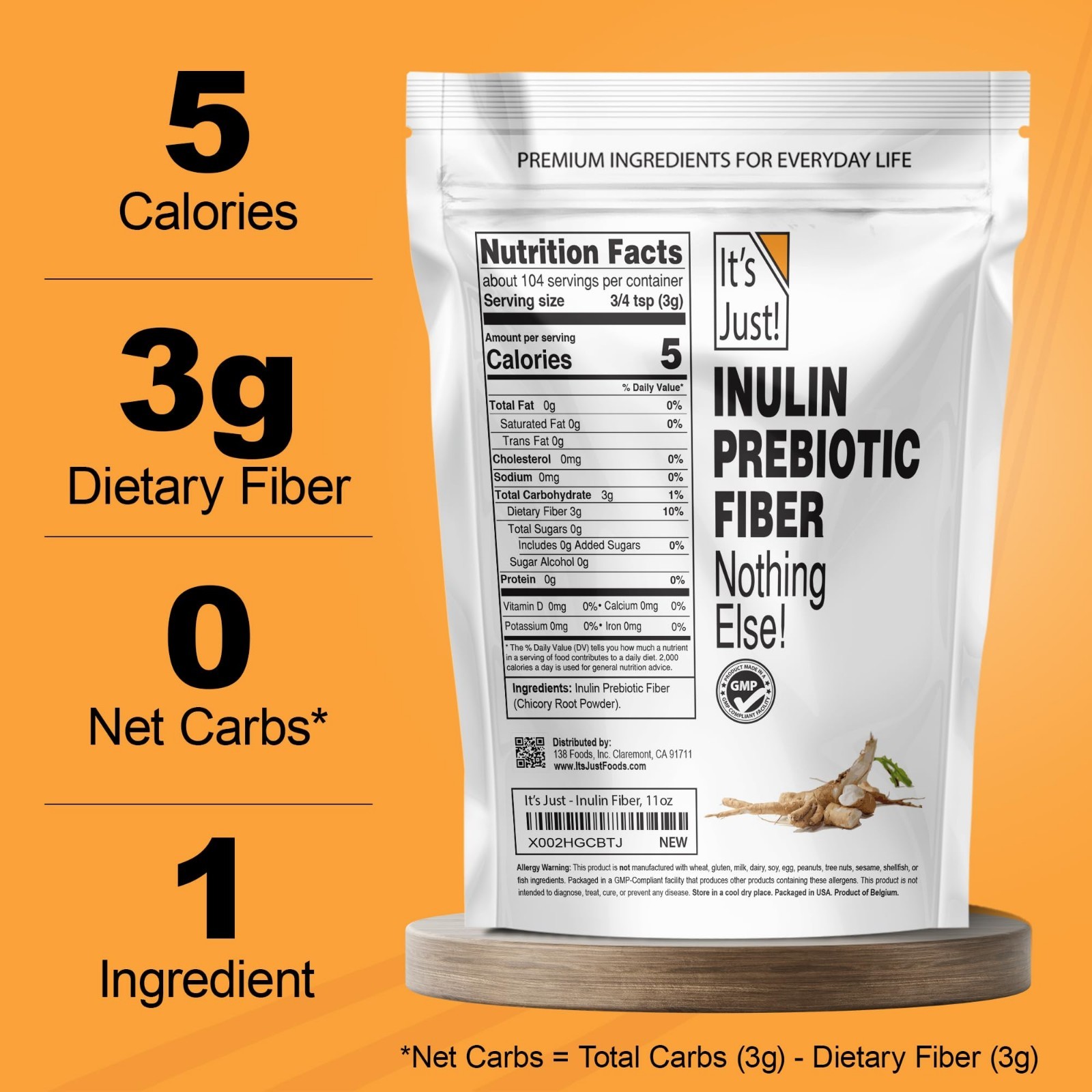 Inulin Prebiotic Fiber Powder – Water Soluble Chicory Root, Gut Health, Vegan, K