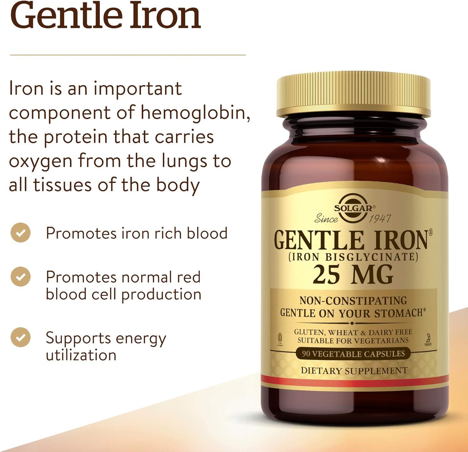 Solgar Gentle Iron 25mg, 90 Vegetable Capsules EXP 12/28