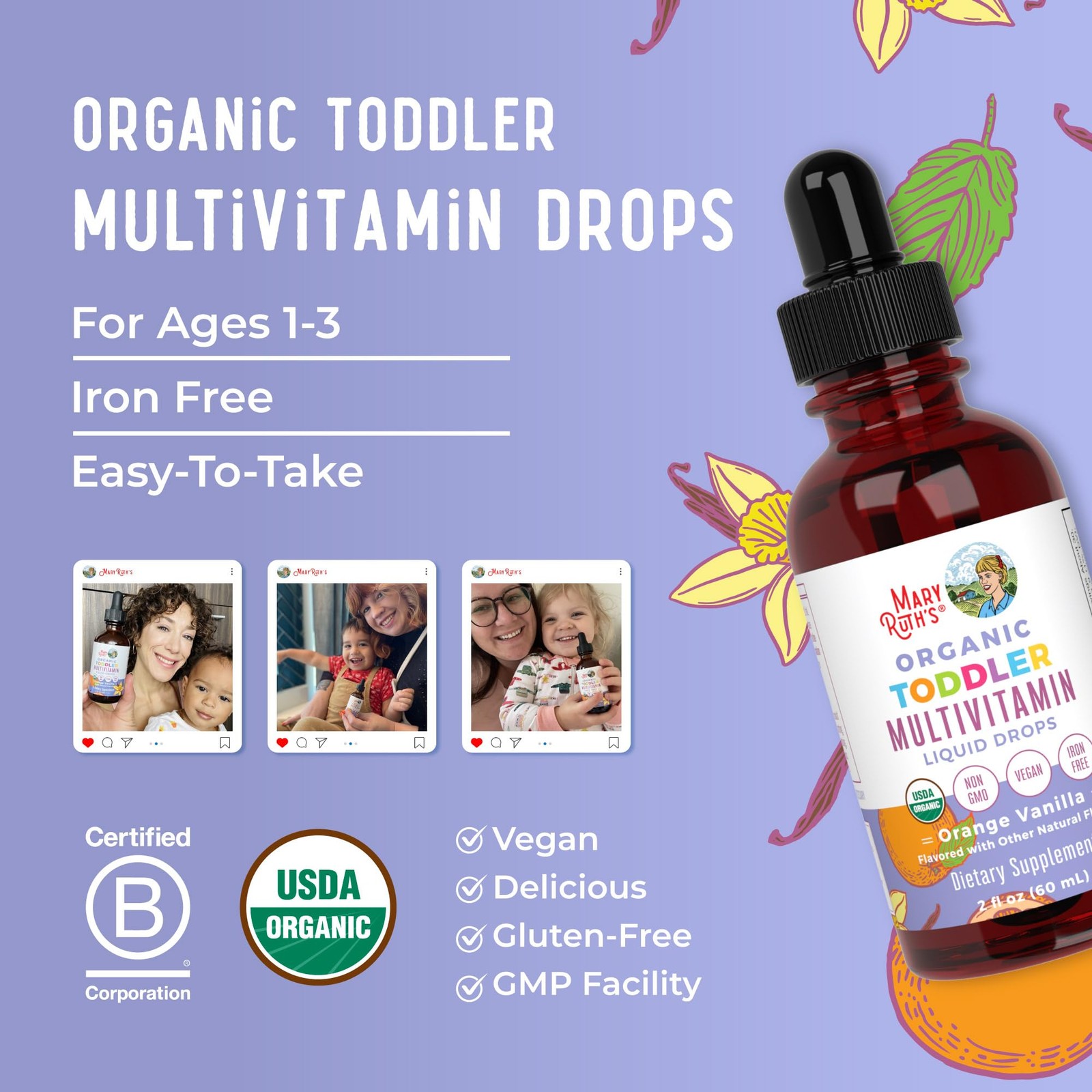 MaryRuth’s Toddler Multivitamin | Vitamin A C D E B6 B12 2 Fl Oz (Pack of 1)