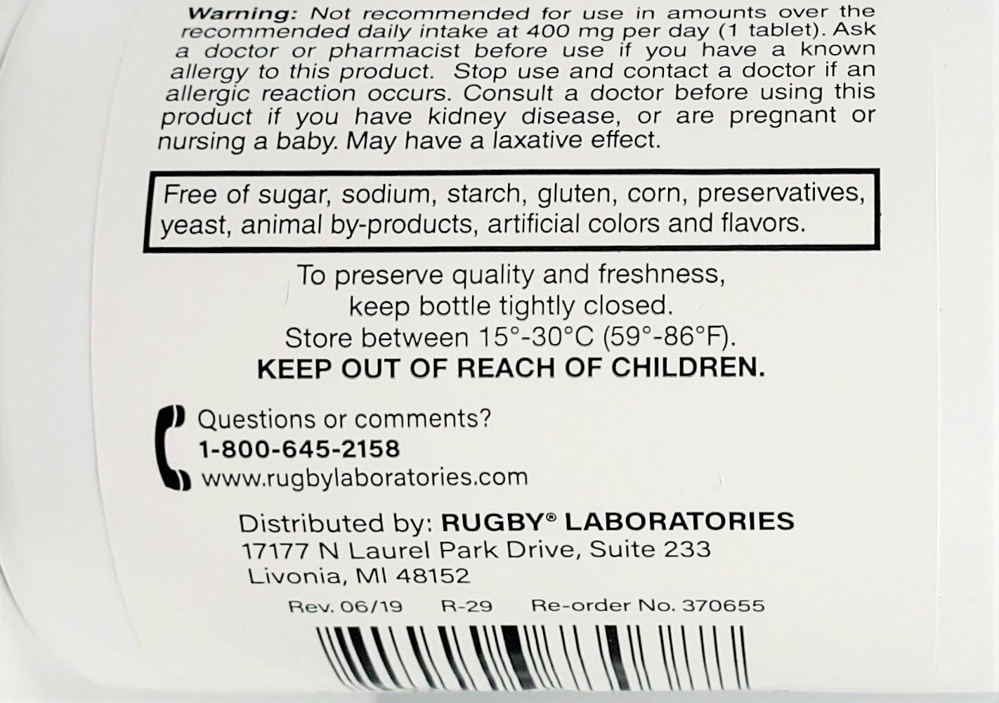 Rugby Magnesium Oxide 400 mg 120 Tablets -Expiration Date 12-2024