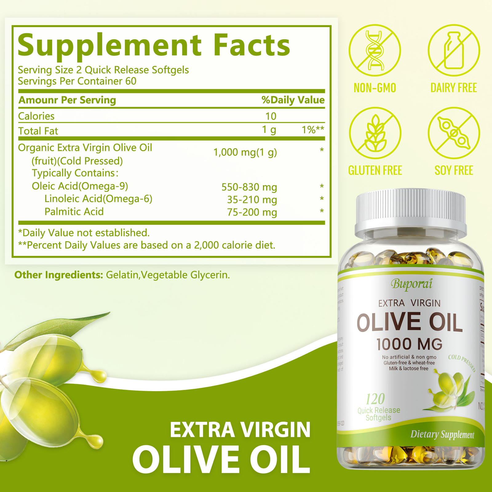 Olive Oil 1000 mg – Dietary Supplement, Promotes Joint, Heart & Brain Health