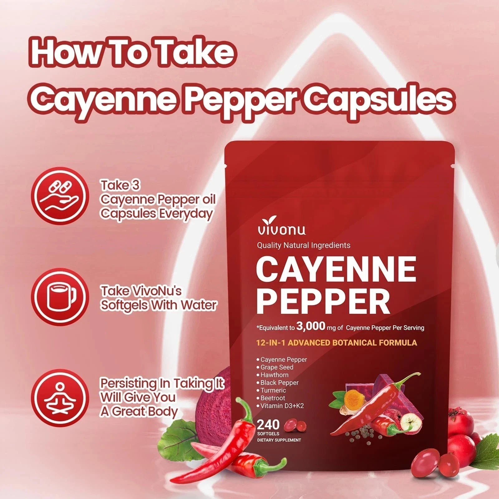 3PCS Cayenne Pepper Softgels Supplement,Supports Leg Vein,Heart and Blood Vessel