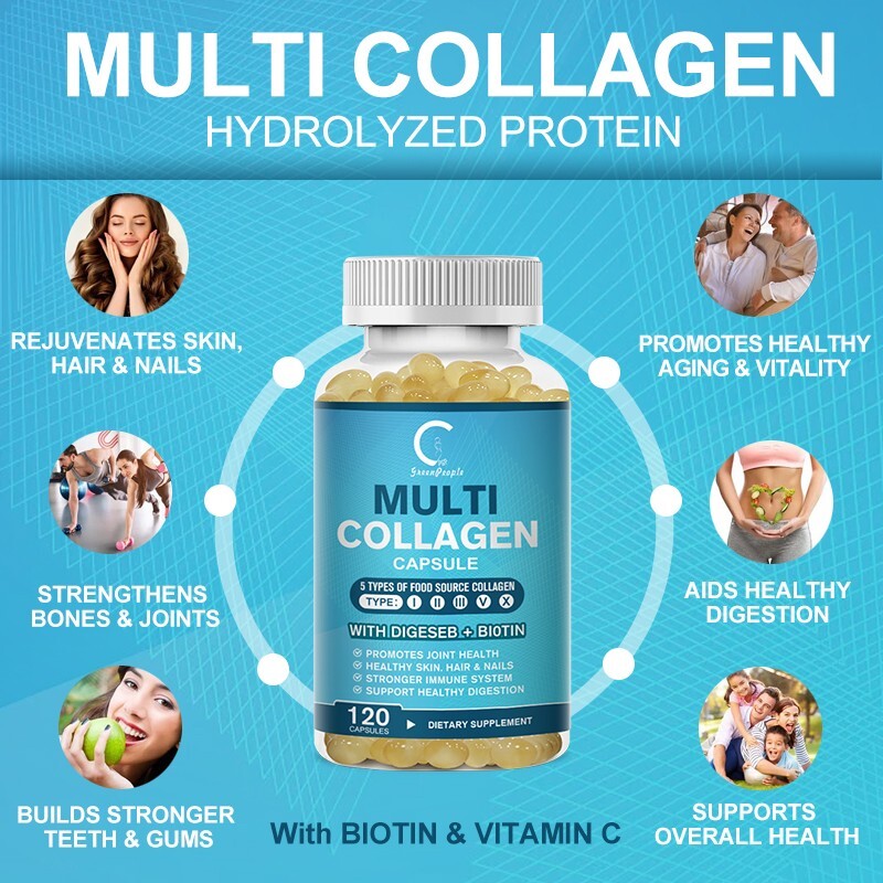 Multi COLLAGEN PEPTIDES Types I, II, III, V,X 120 Pills Anti-Aging Skin Capsules