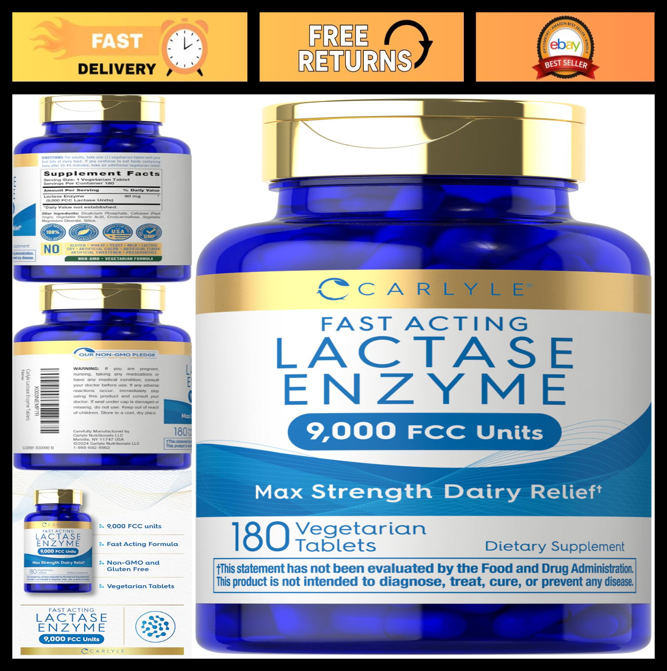 Max Strength Lactase Enzyme Tablets 9000 FCC | 180 Pills | Fast Acting Dairy Rel