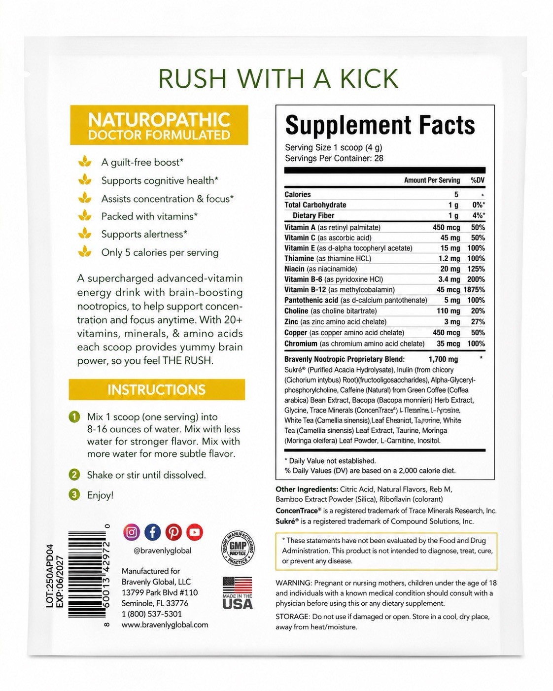 Rush Extreme Bravenly Global Fresh Lemonade Supercharged Drink 28 Servings
