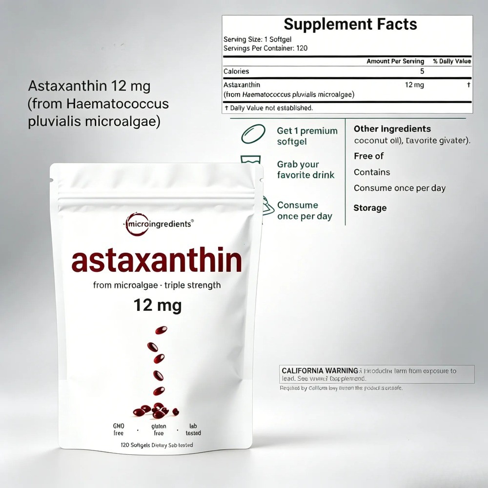 Micro Ingredients Astaxanthin 12mg – Natural Tanning, Easy-to-Swallow Softgels