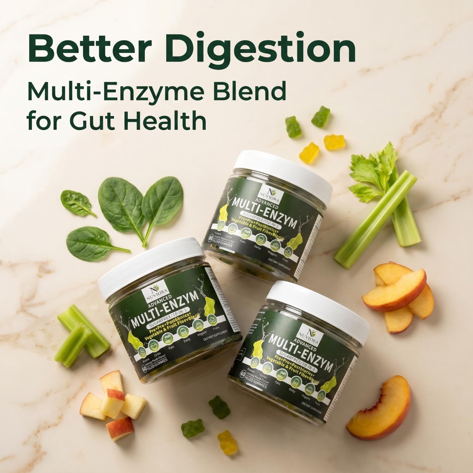 NUVIORA 10‑in‑1 Multi‑Enzym Sugar‑Free Digestive Gummies w/ Probiotics Blend
